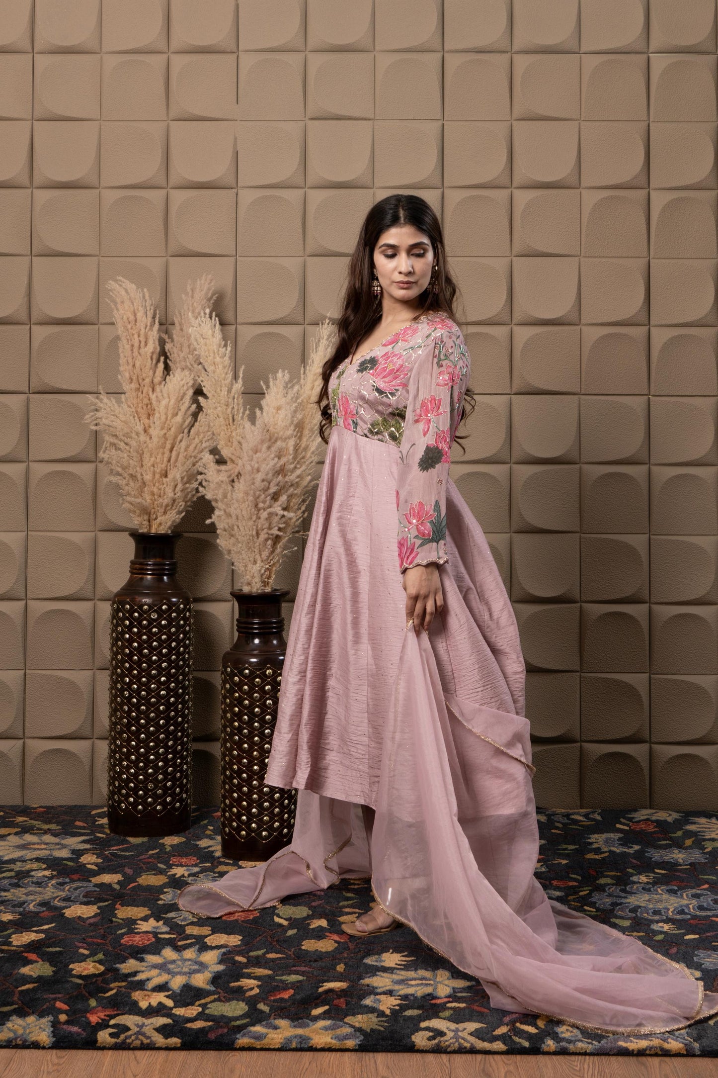 Blush Printed Anarkali With Hand Embroidery