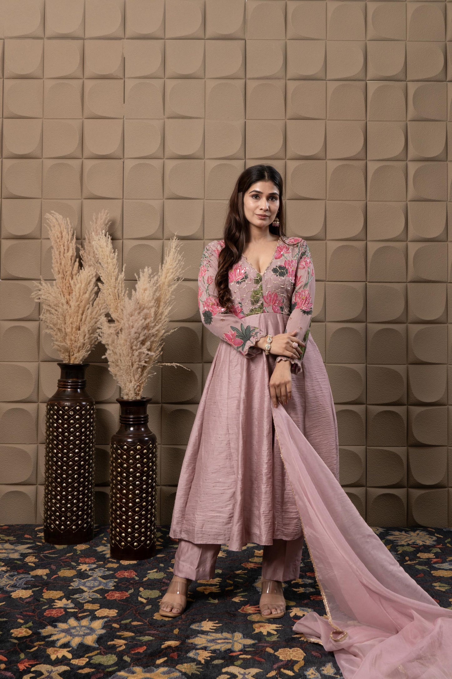 Blush Printed Anarkali With Hand Embroidery