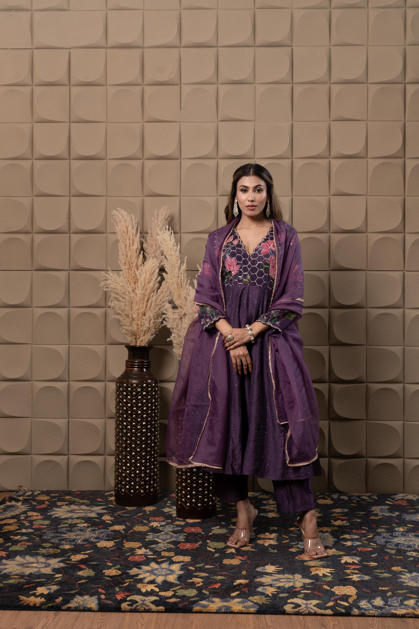 Plum Printed Anarkali With Hand Embroidery
