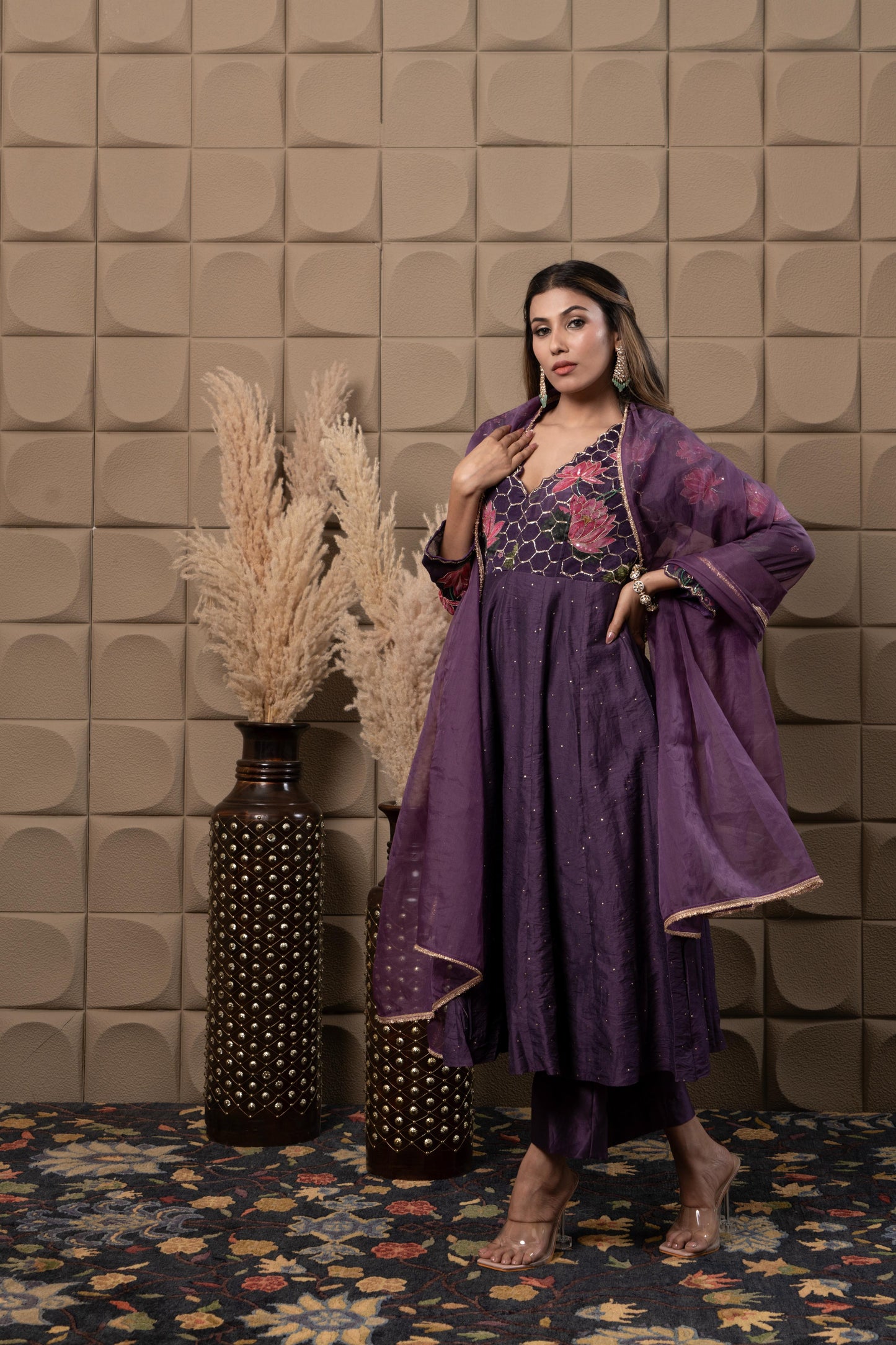 Plum Printed Anarkali With Hand Embroidery