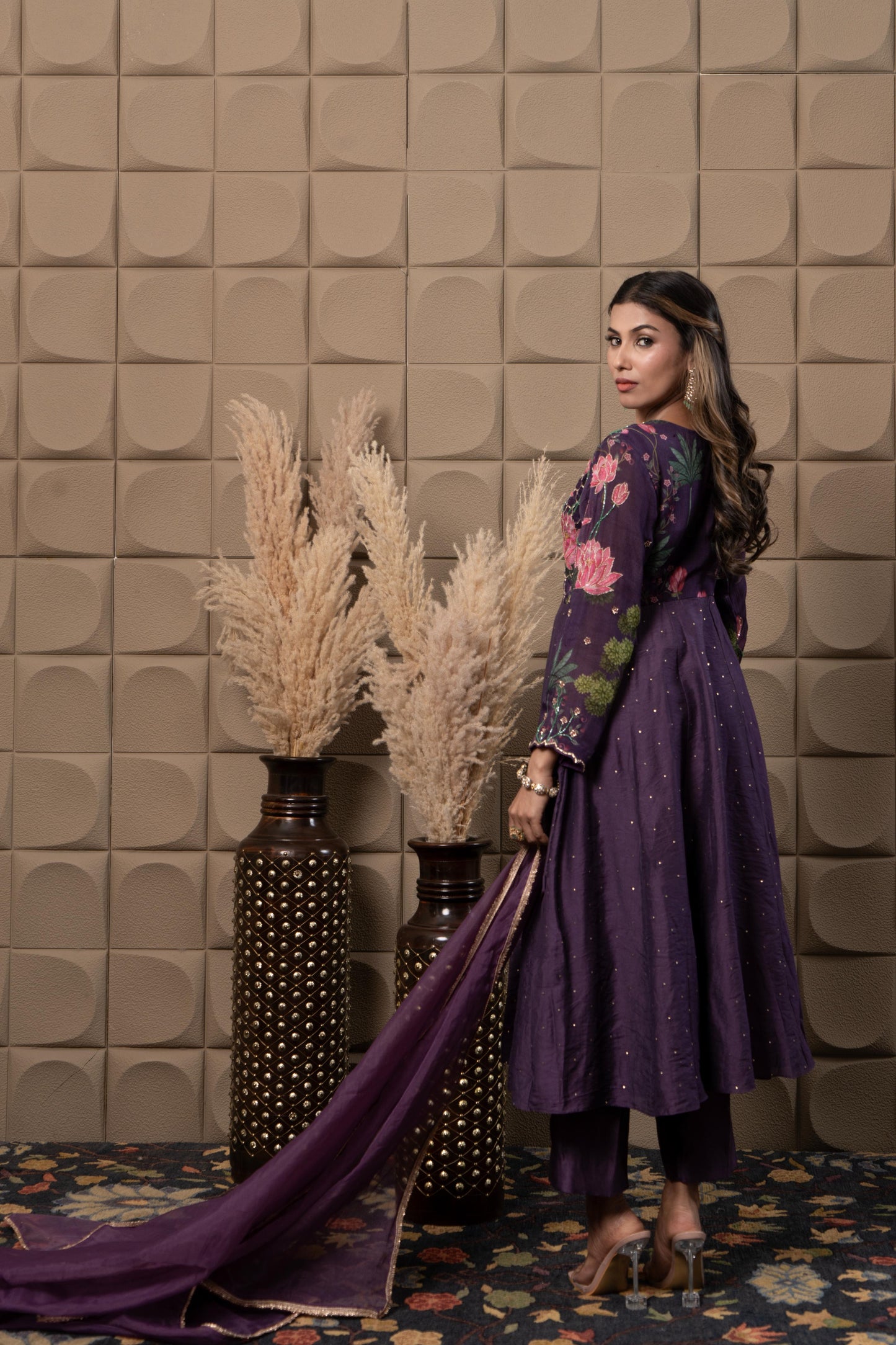 Plum Printed Anarkali With Hand Embroidery