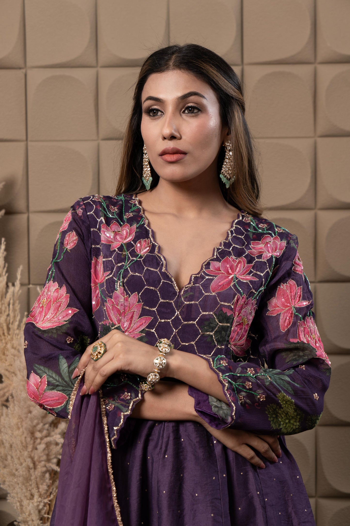 Plum Printed Anarkali With Hand Embroidery