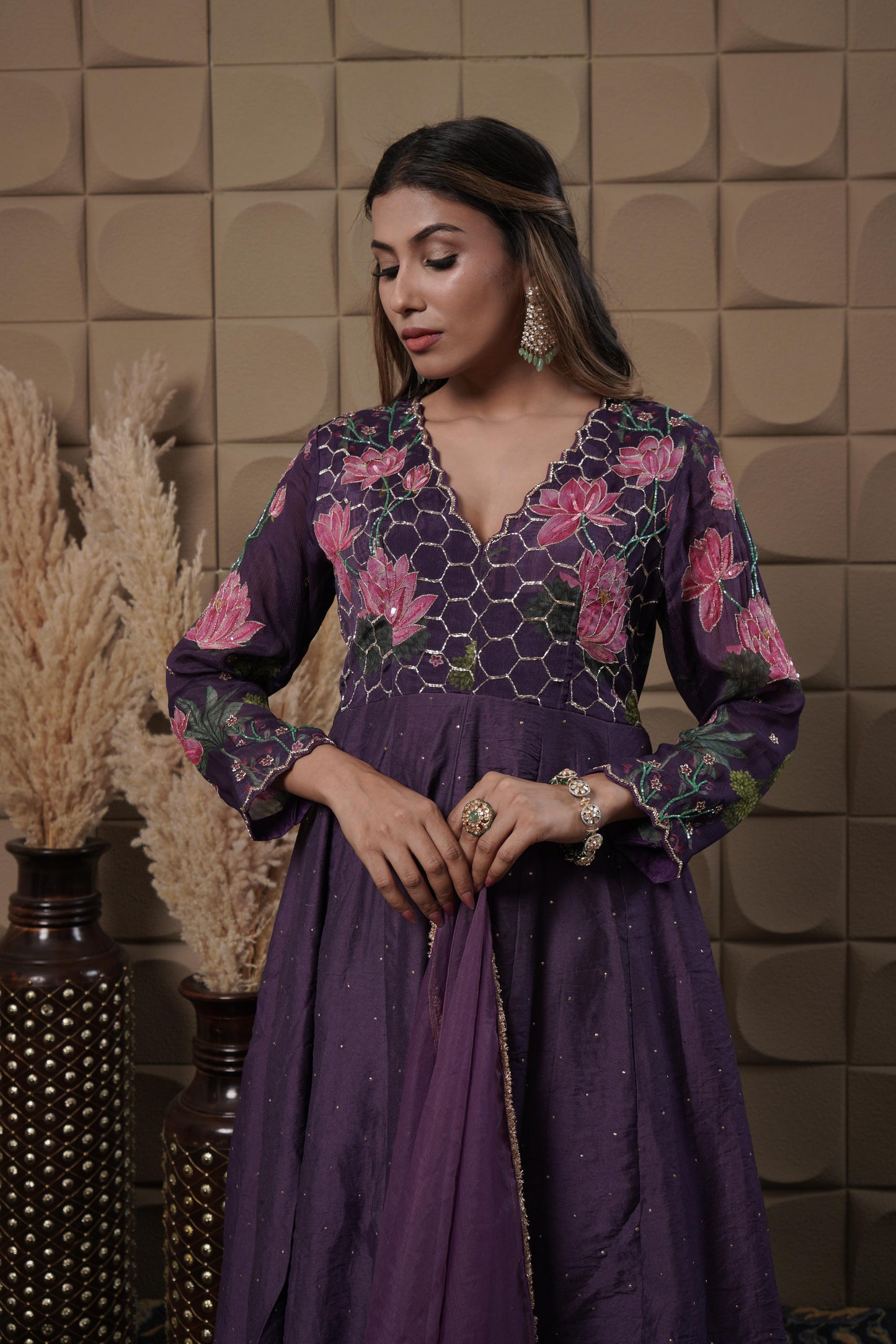Plum Printed Anarkali With Hand Embroidery