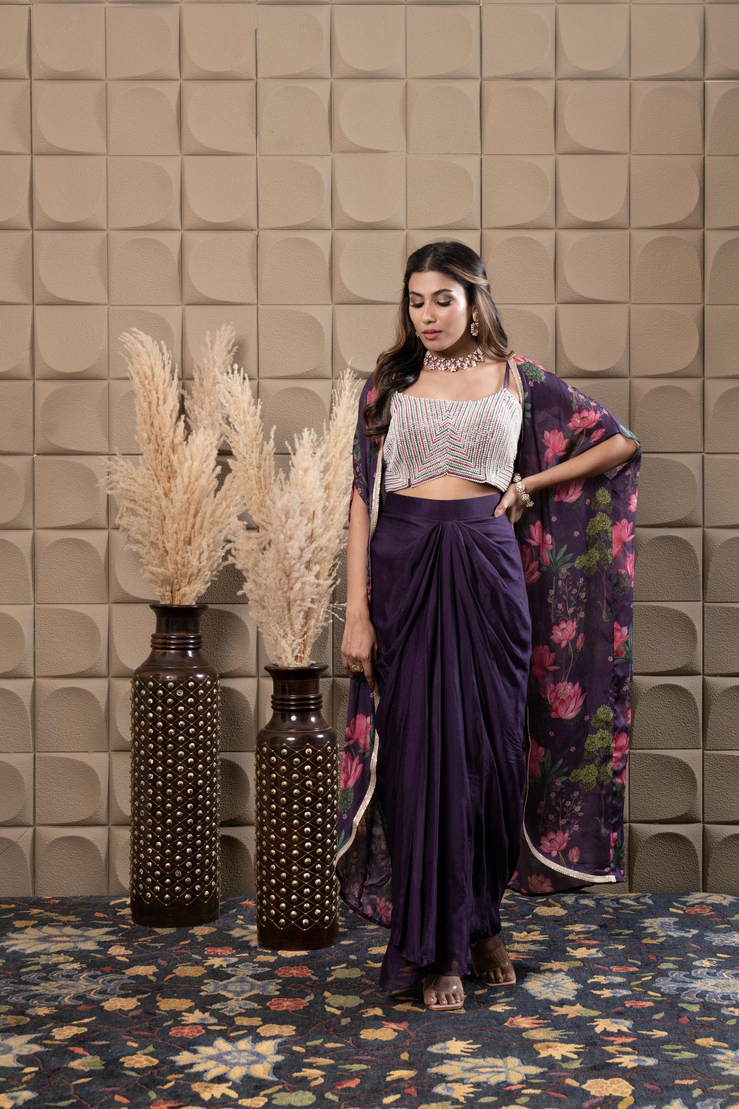 Plum Drape Skirt With Embroidered Bustier & Cape