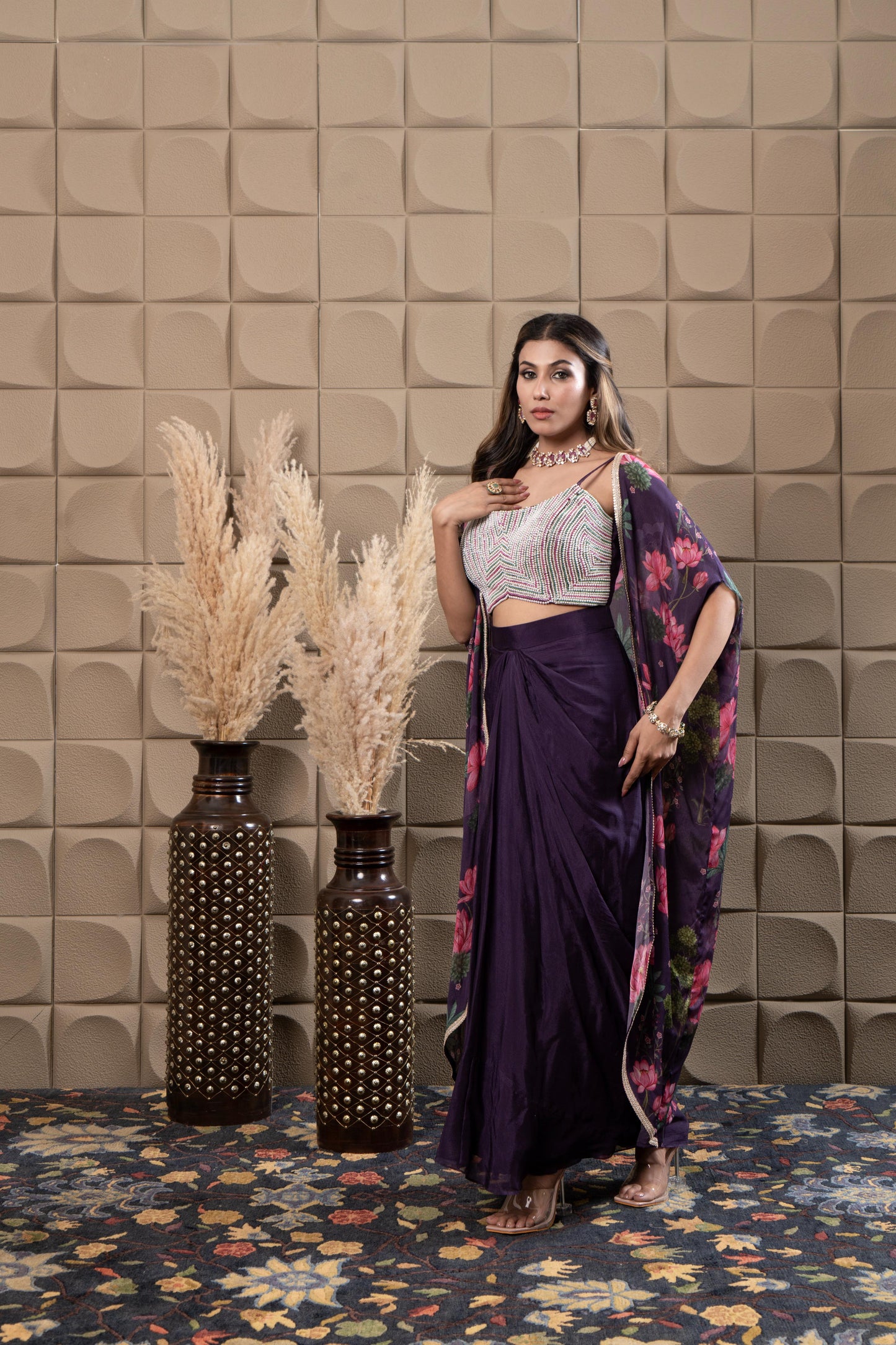 Plum Drape Skirt With Embroidered Bustier & Cape