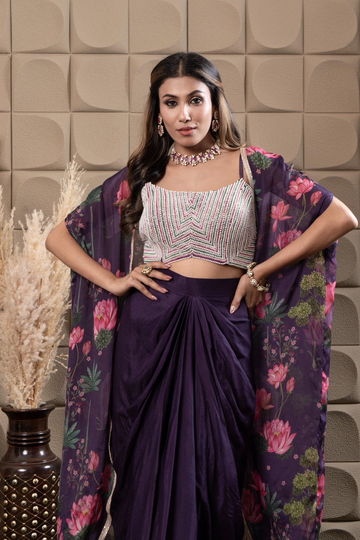 Plum Drape Skirt With Embroidered Bustier & Cape