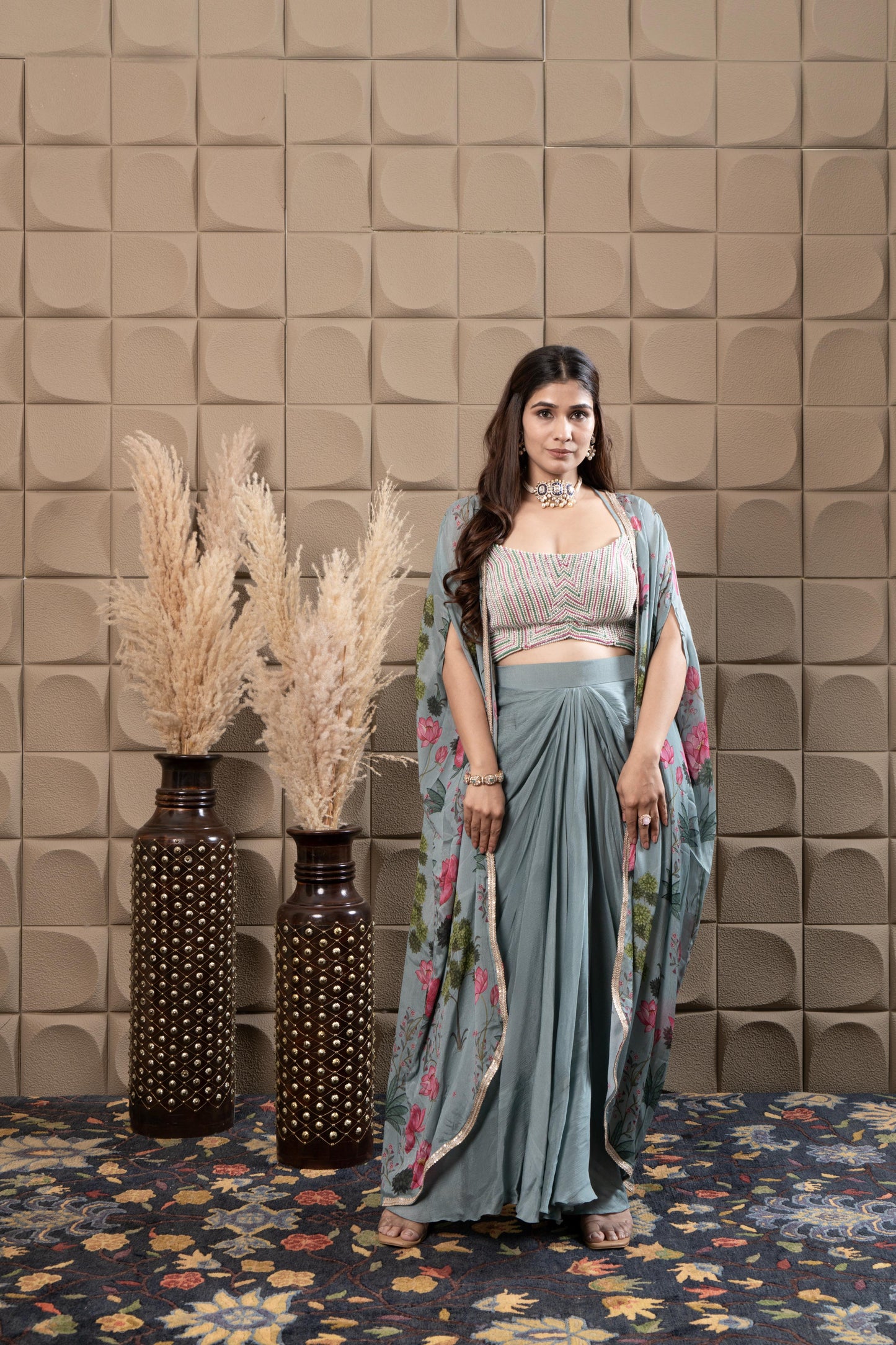 Mint Drape Skirt With Embroidered Bustier & Cape
