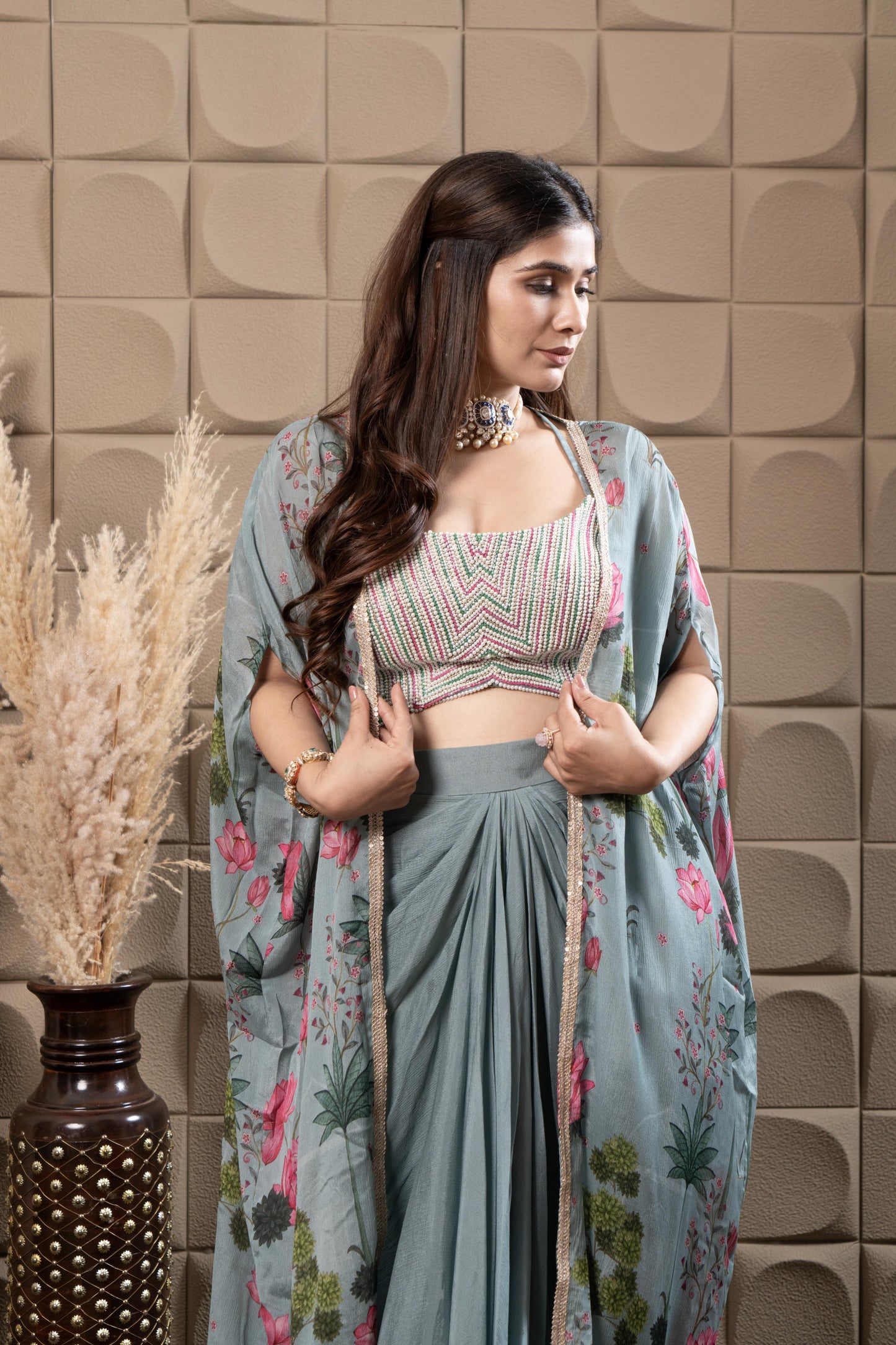 Mint Drape Skirt With Embroidered Bustier & Cape