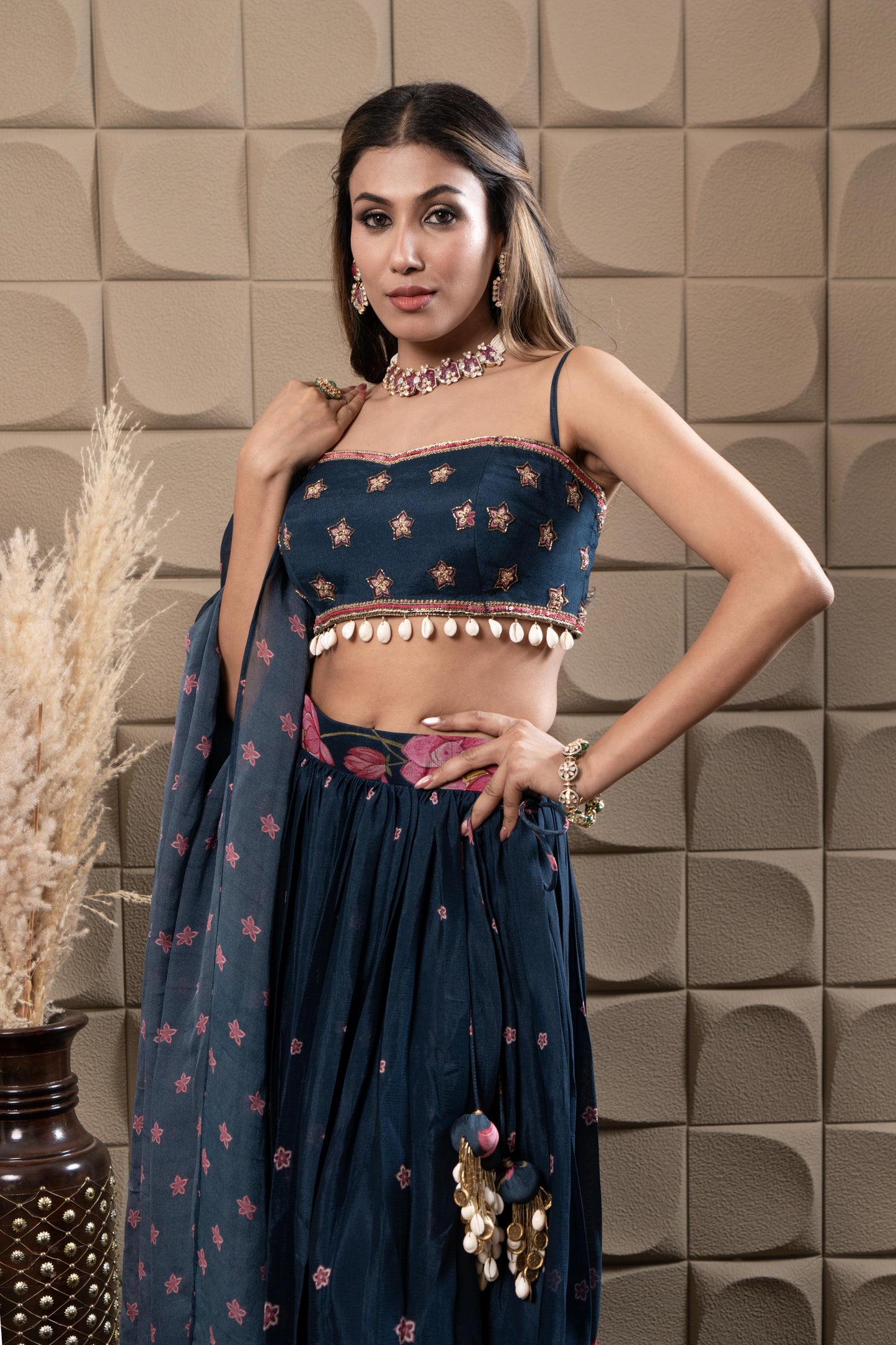 Sapphire Embroidered Bustier With Pleated Lehenga