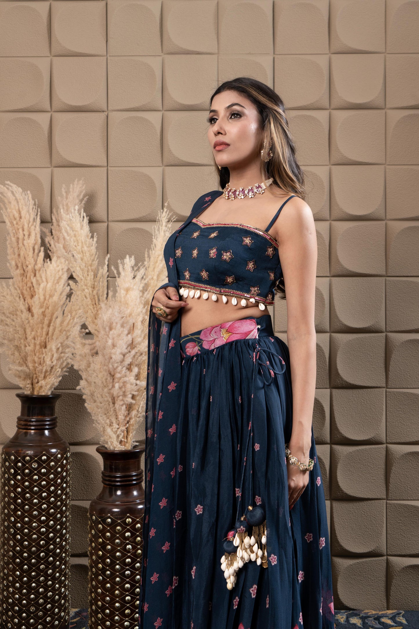 Sapphire Embroidered Bustier With Pleated Lehenga