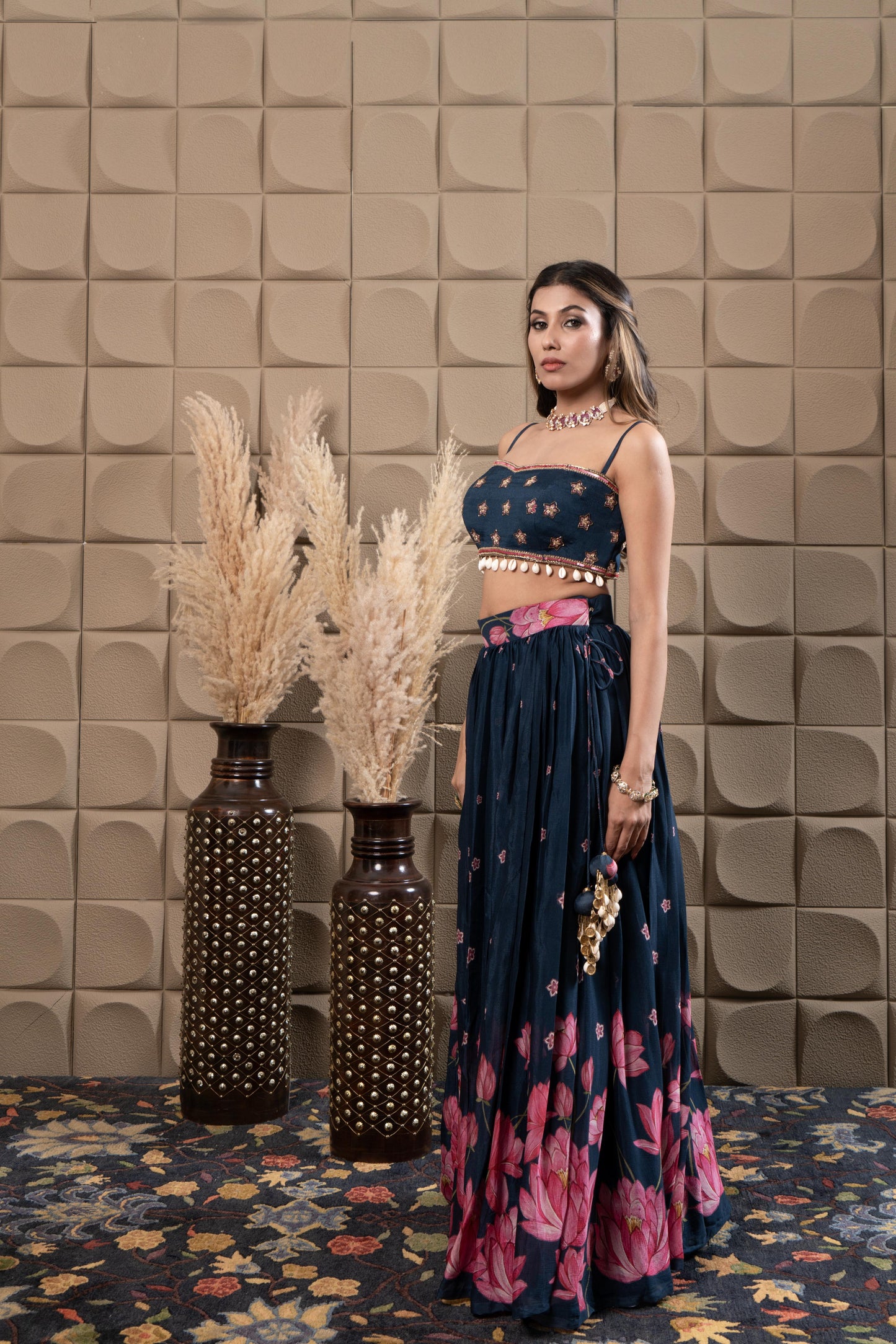 Sapphire Embroidered Bustier With Pleated Lehenga