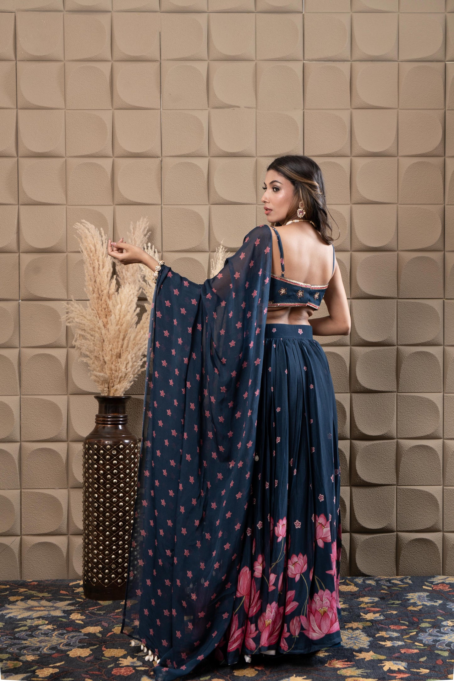 Sapphire Embroidered Bustier With Pleated Lehenga