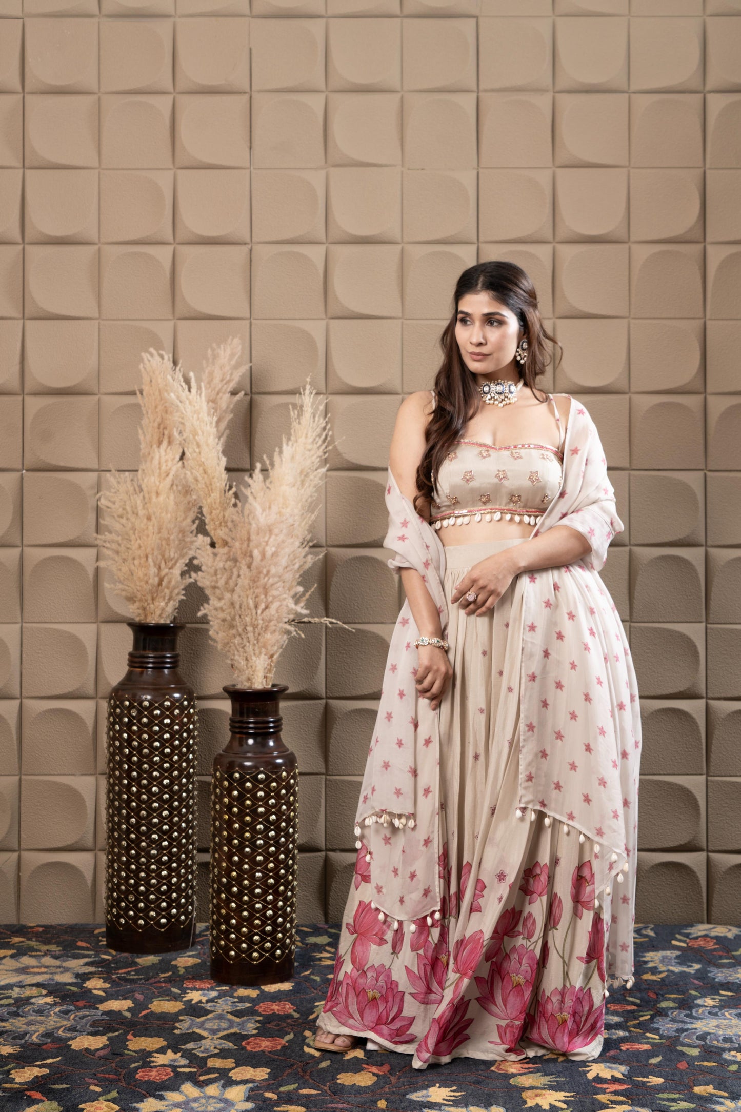 Misty Embroidered Bustier With Pleated Lehenga