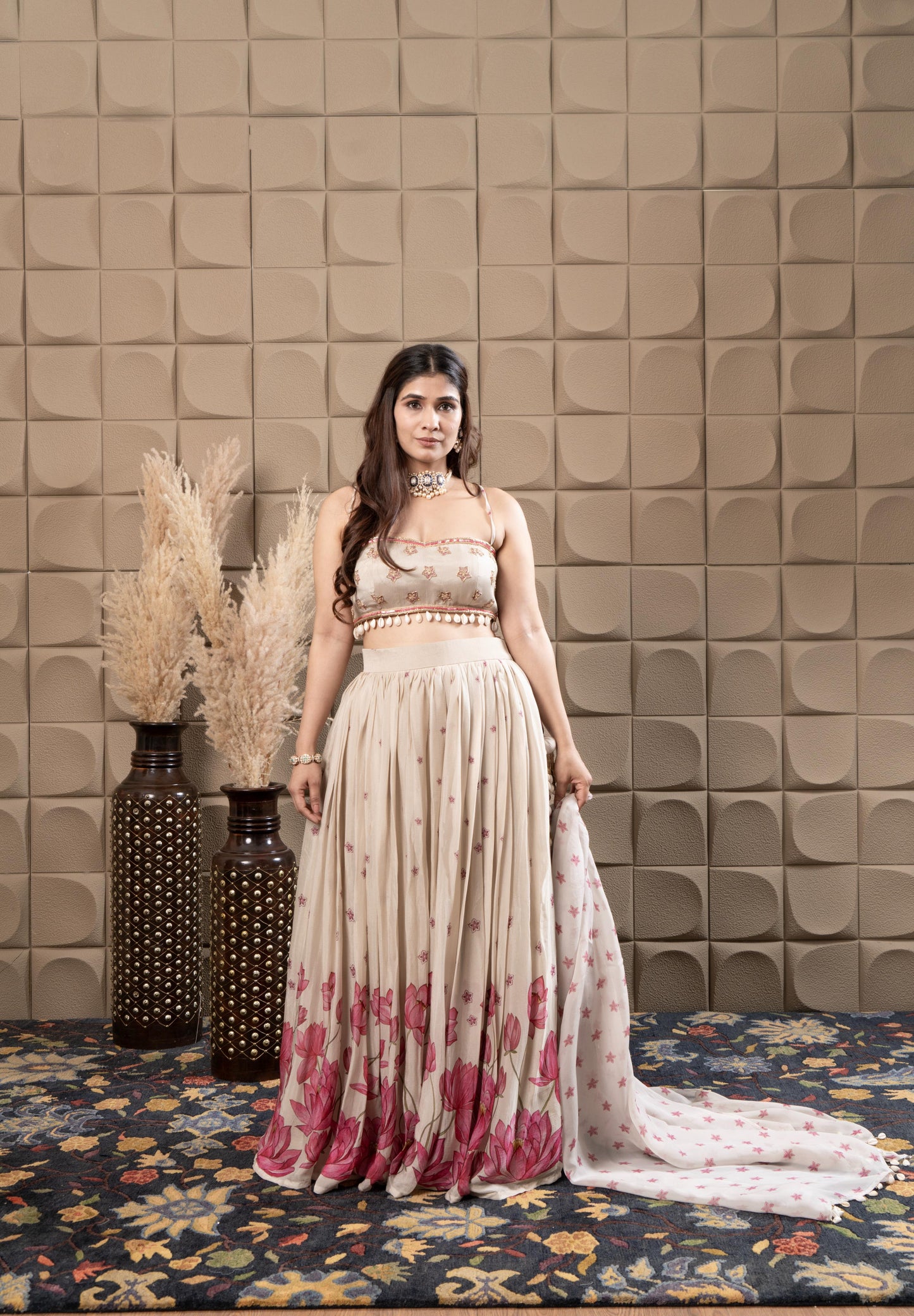 Misty Embroidered Bustier With Pleated Lehenga