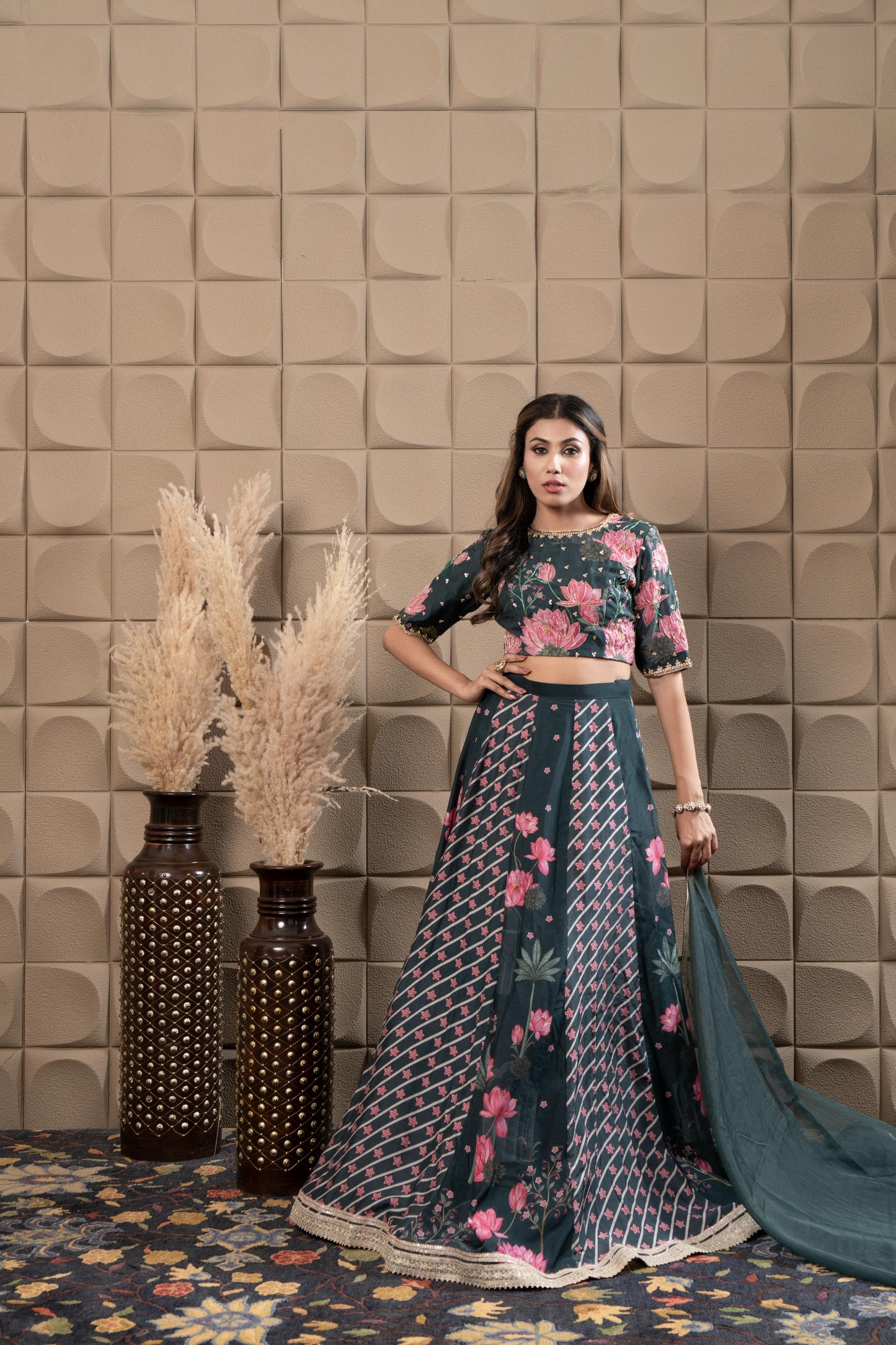 Moss Embroidered Blouse With Kalidar Lehenga
