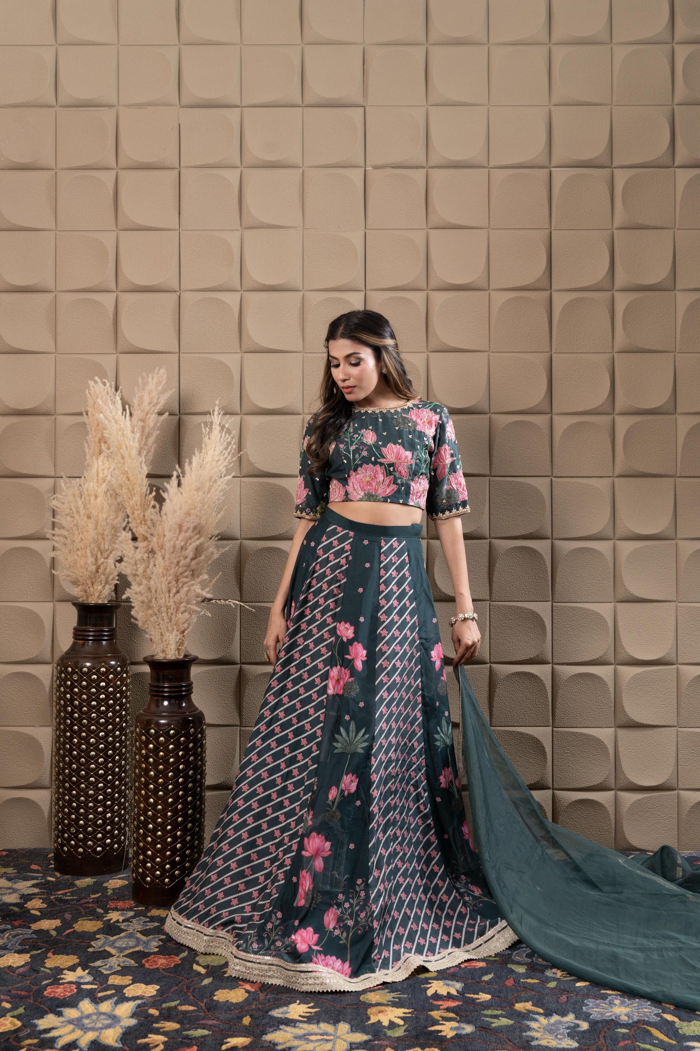 Moss Embroidered Blouse With Kalidar Lehenga