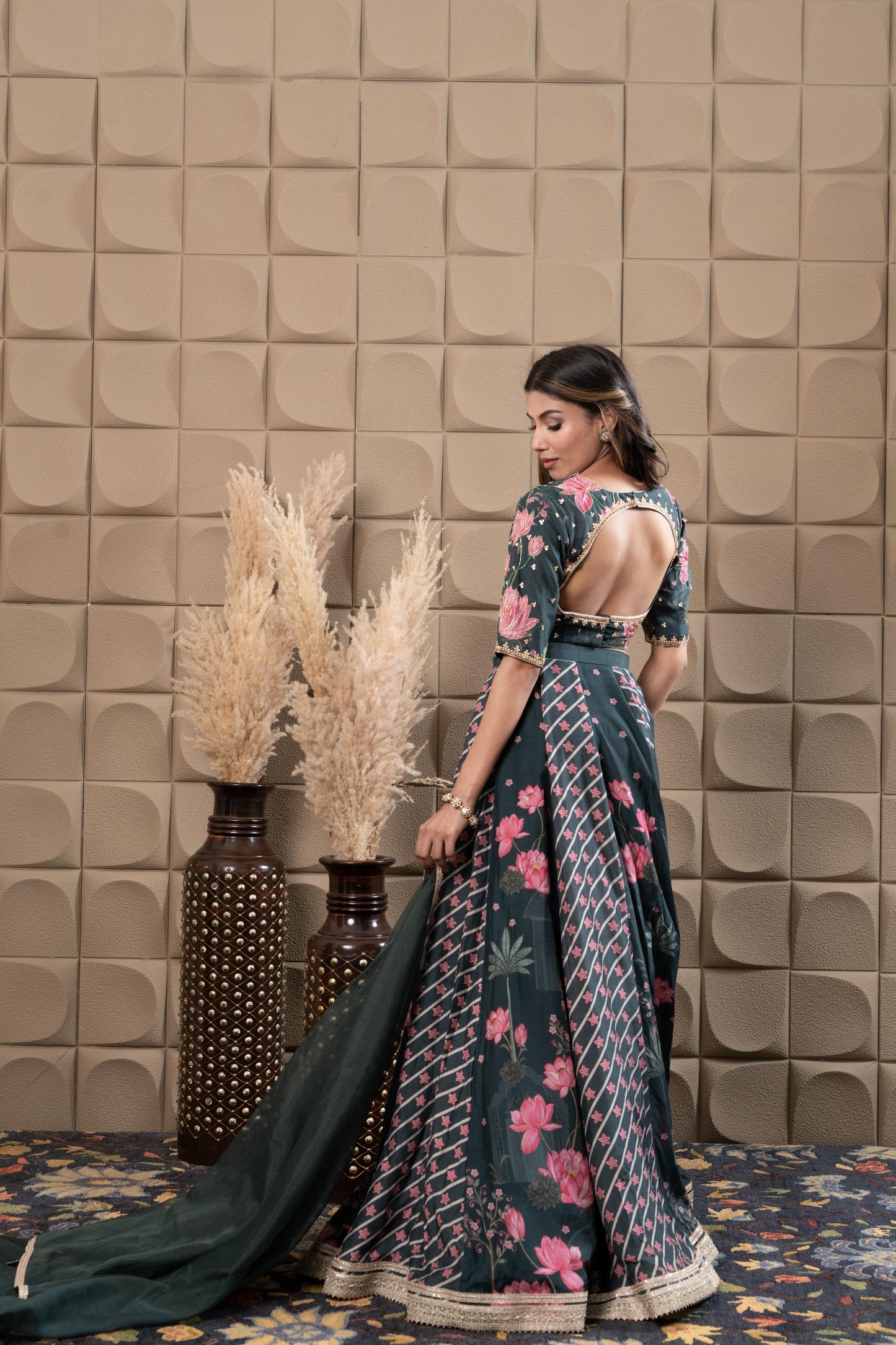 Moss Embroidered Blouse With Kalidar Lehenga