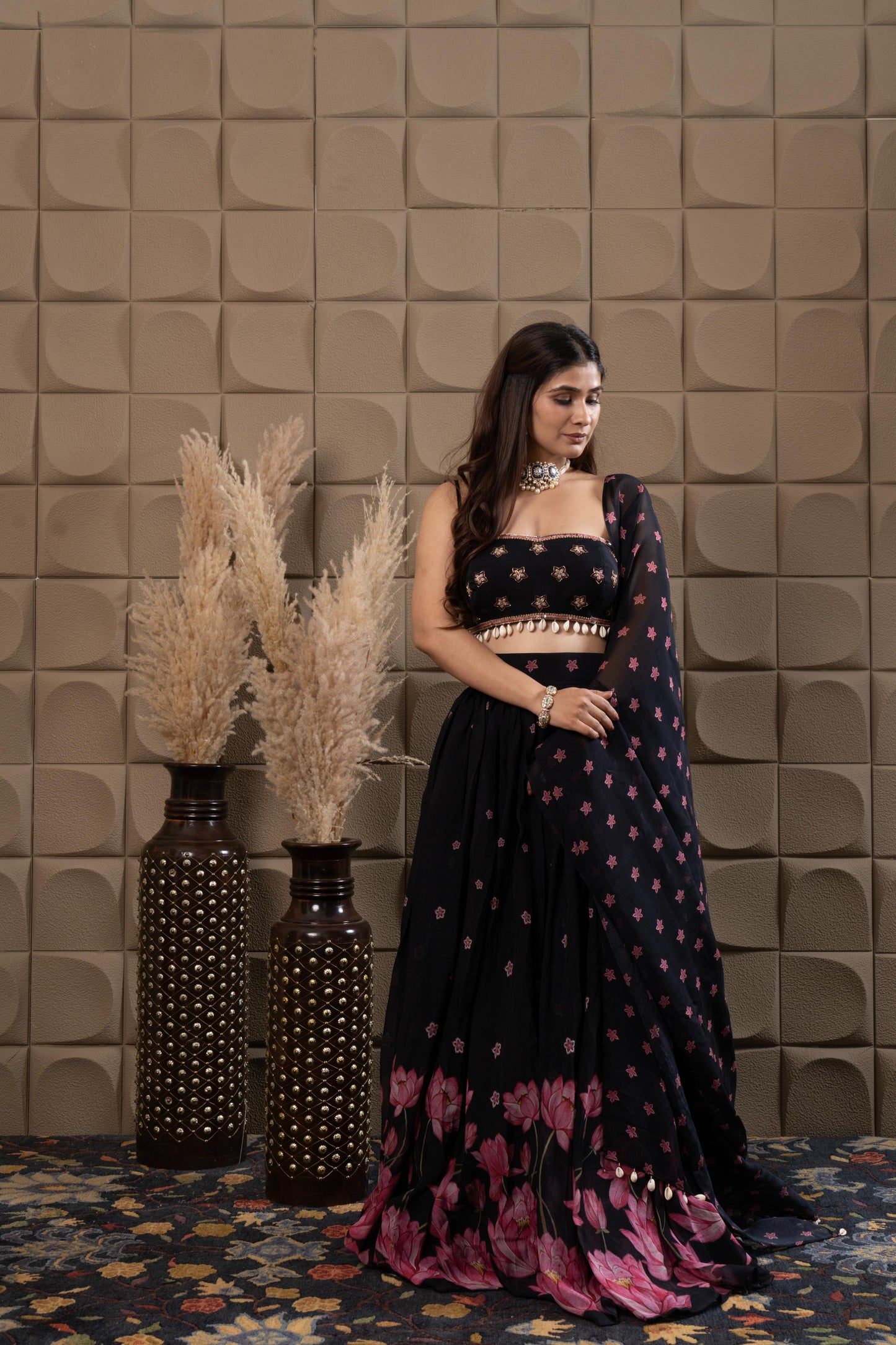 Midnight Embroidered Bustier With Pleated Lehenga