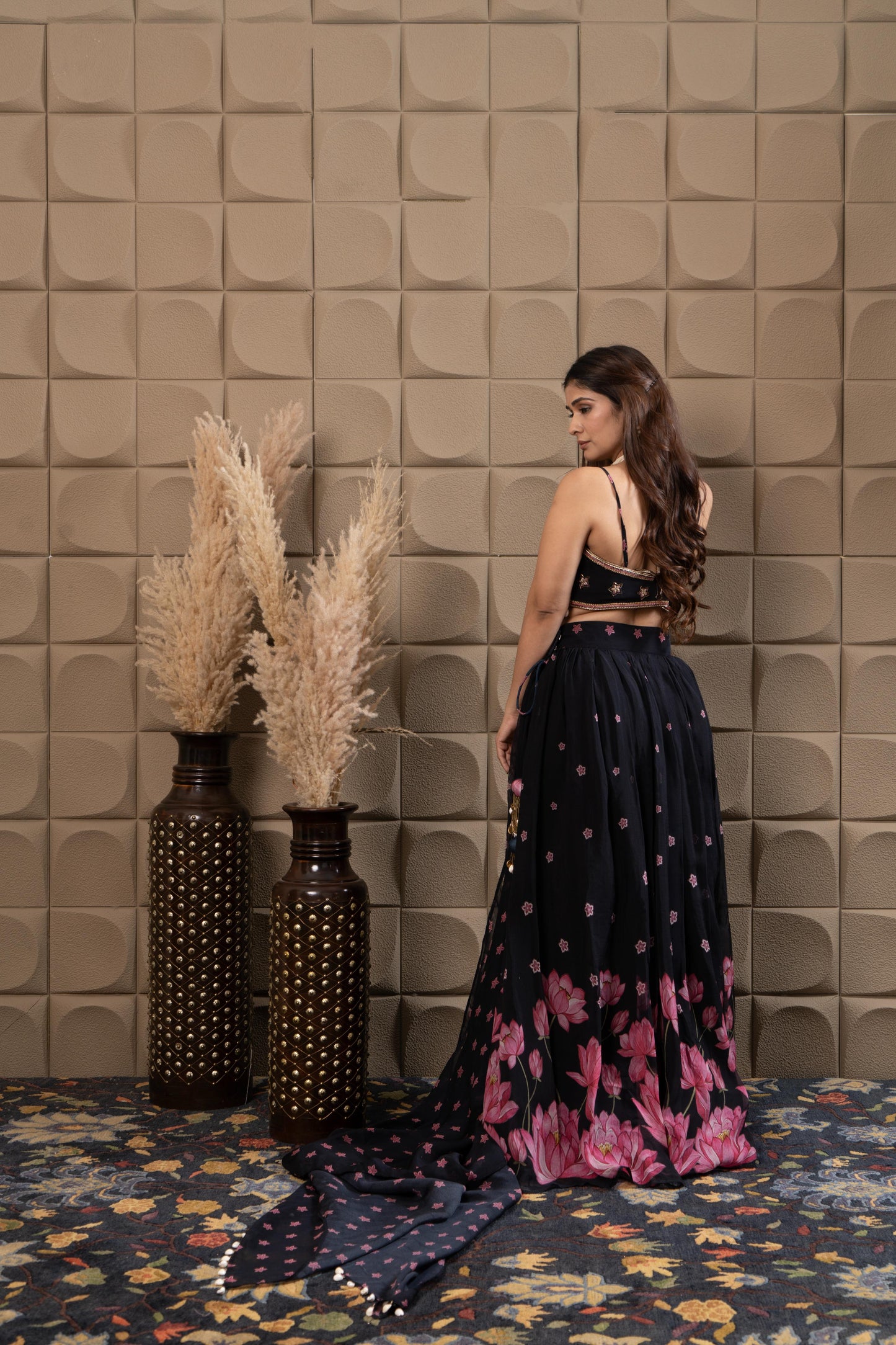 Midnight Embroidered Bustier With Pleated Lehenga