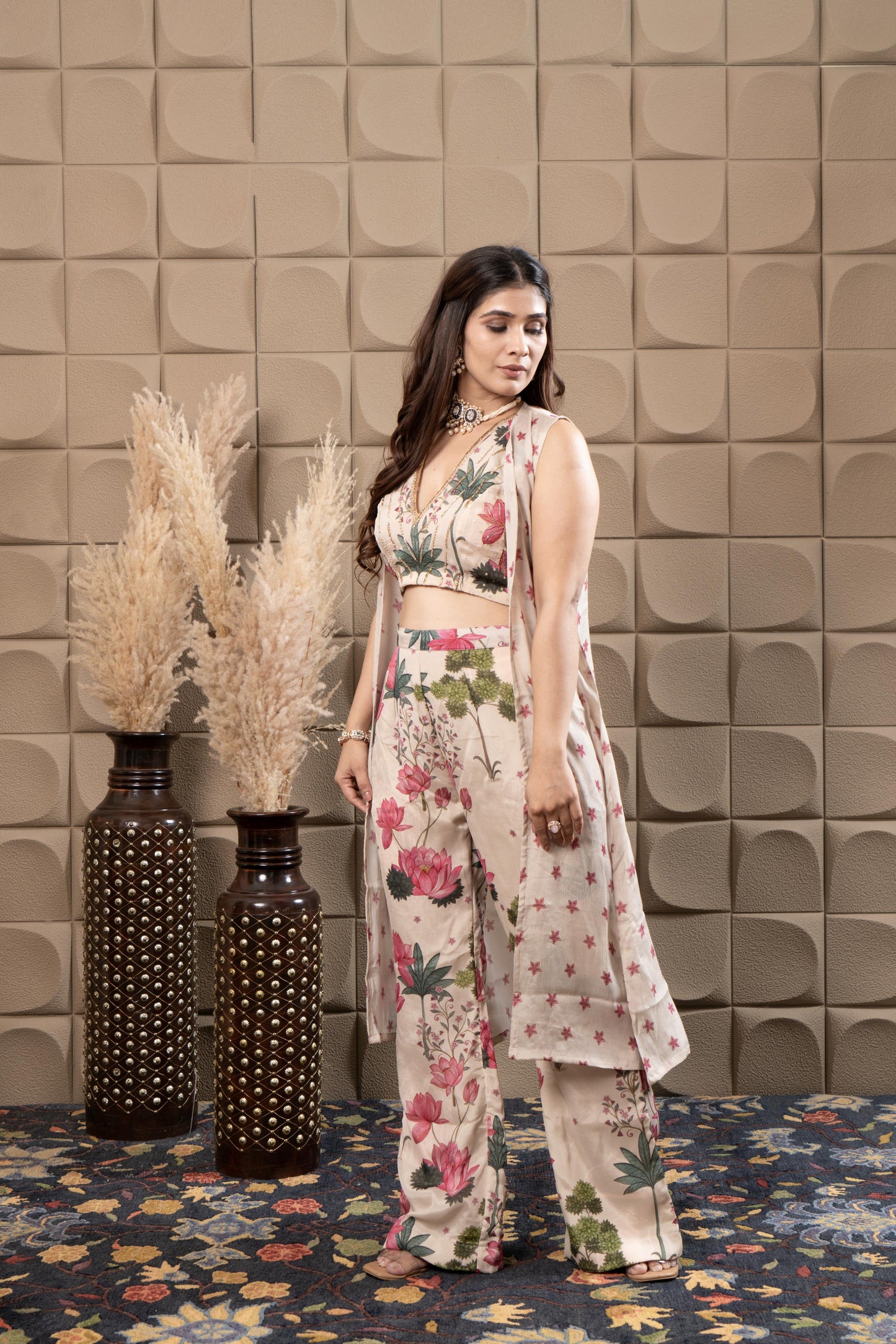 Misty Embroidered Top With Flared Pants & Cape