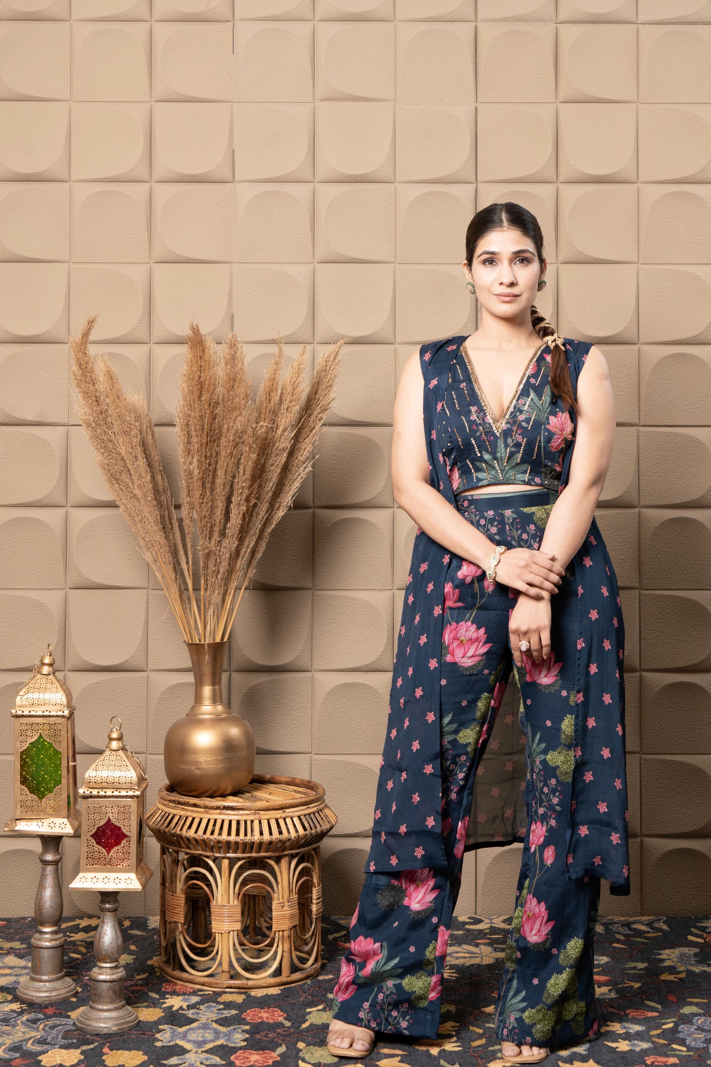 Sapphire Embroidered Top With Flared Pants & Cape