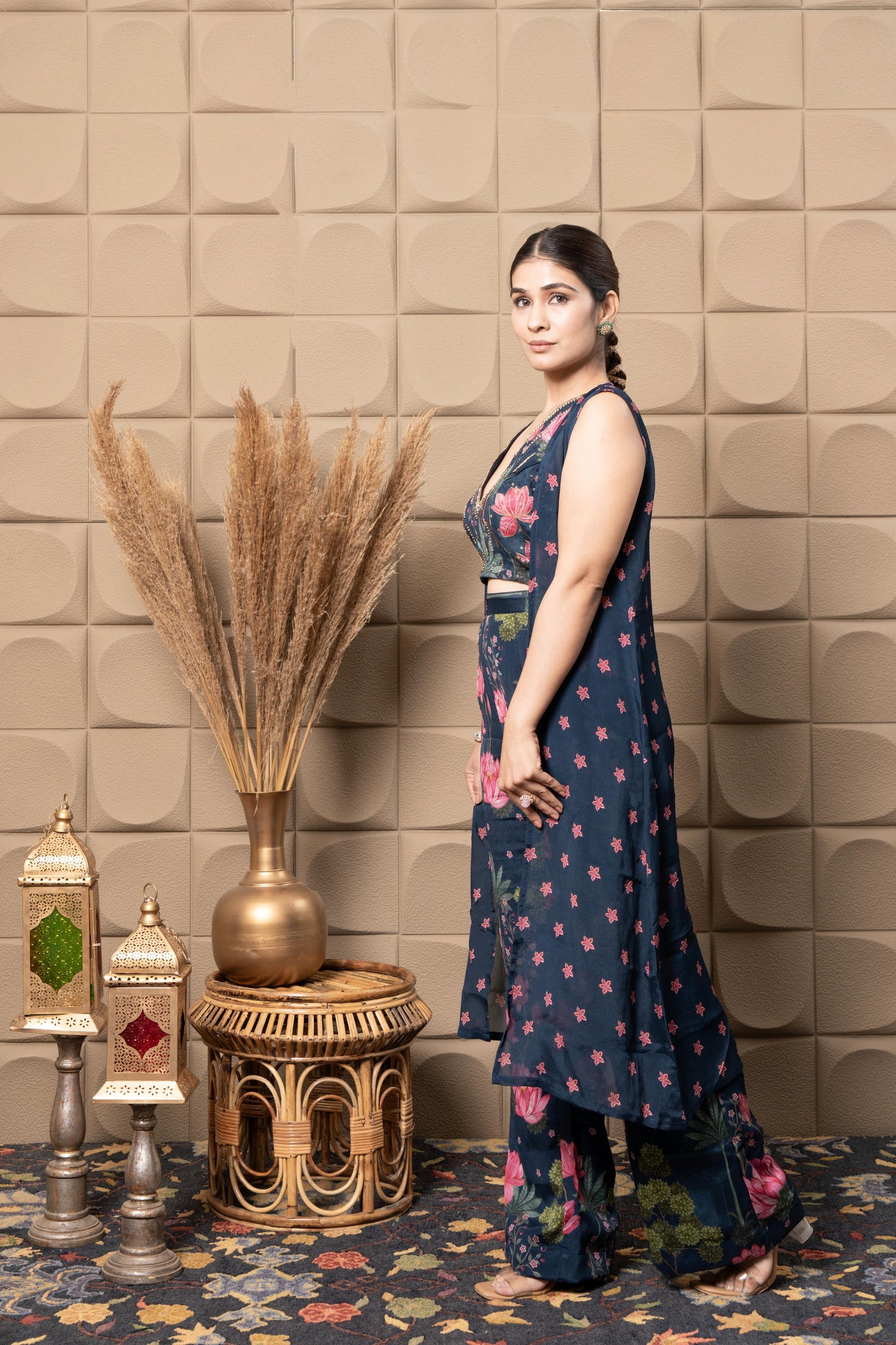 Sapphire Embroidered Top With Flared Pants & Cape