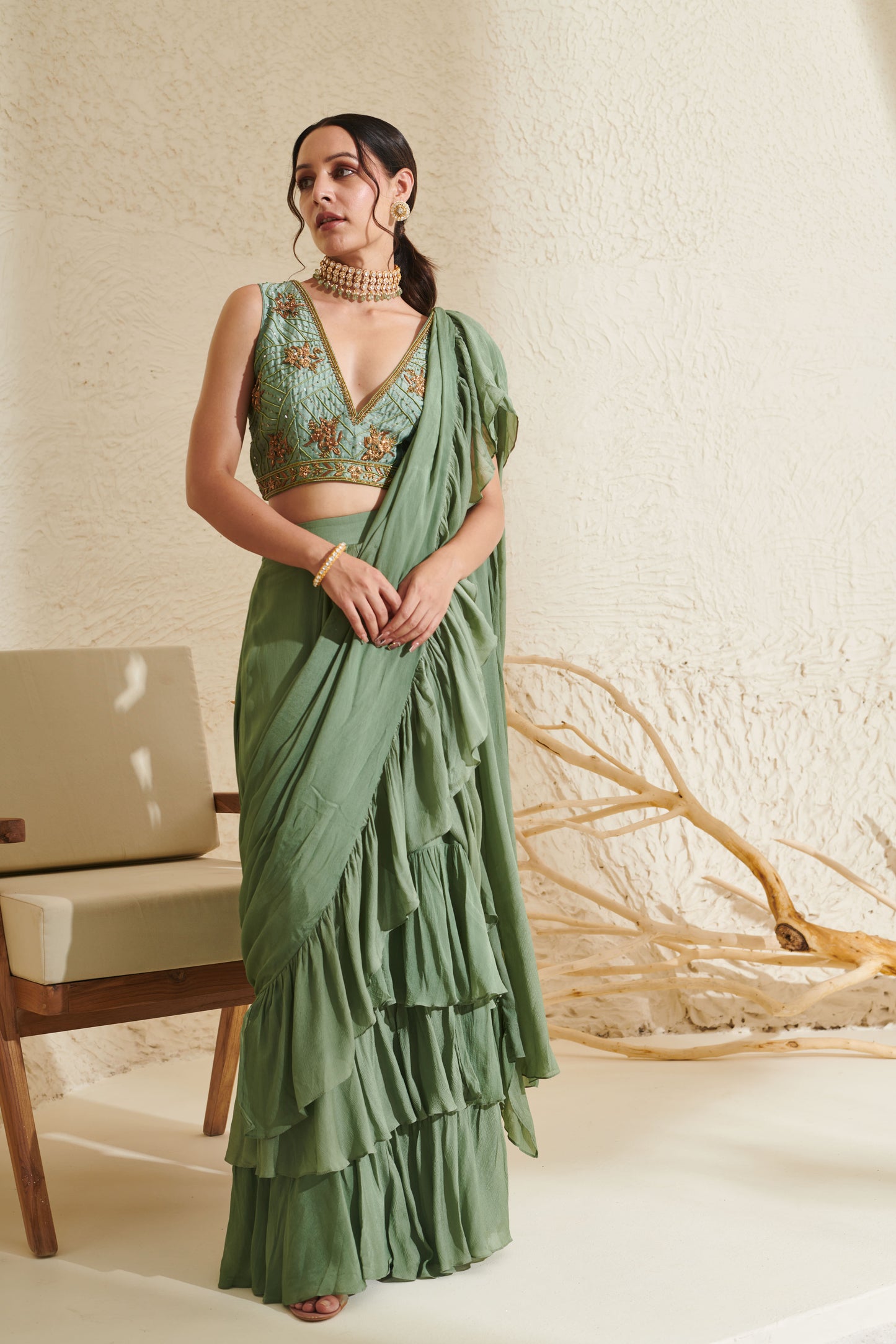 Aaria Sage  Ruffle Saree