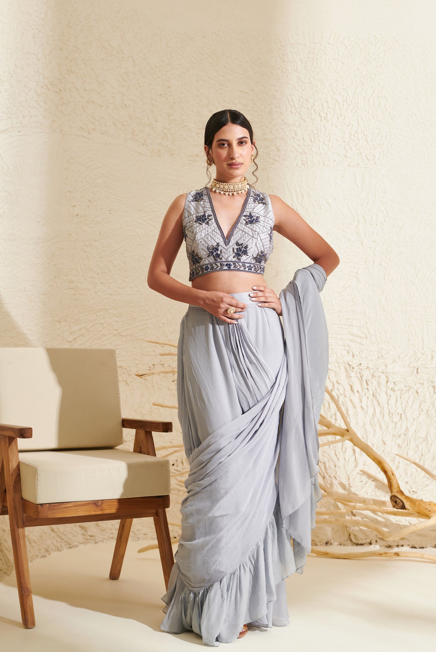 Aaria Grey Ruffle  Saree