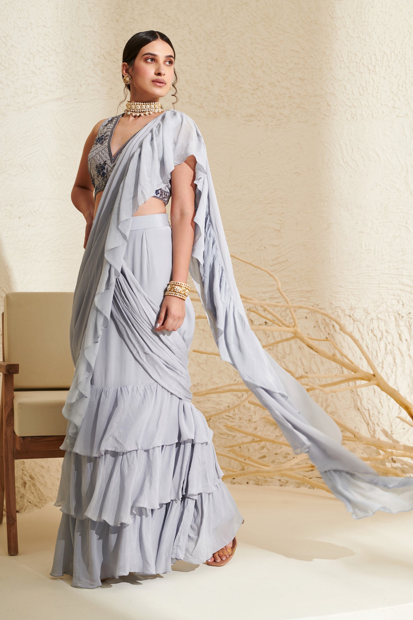 Aaria Grey Ruffle  Saree