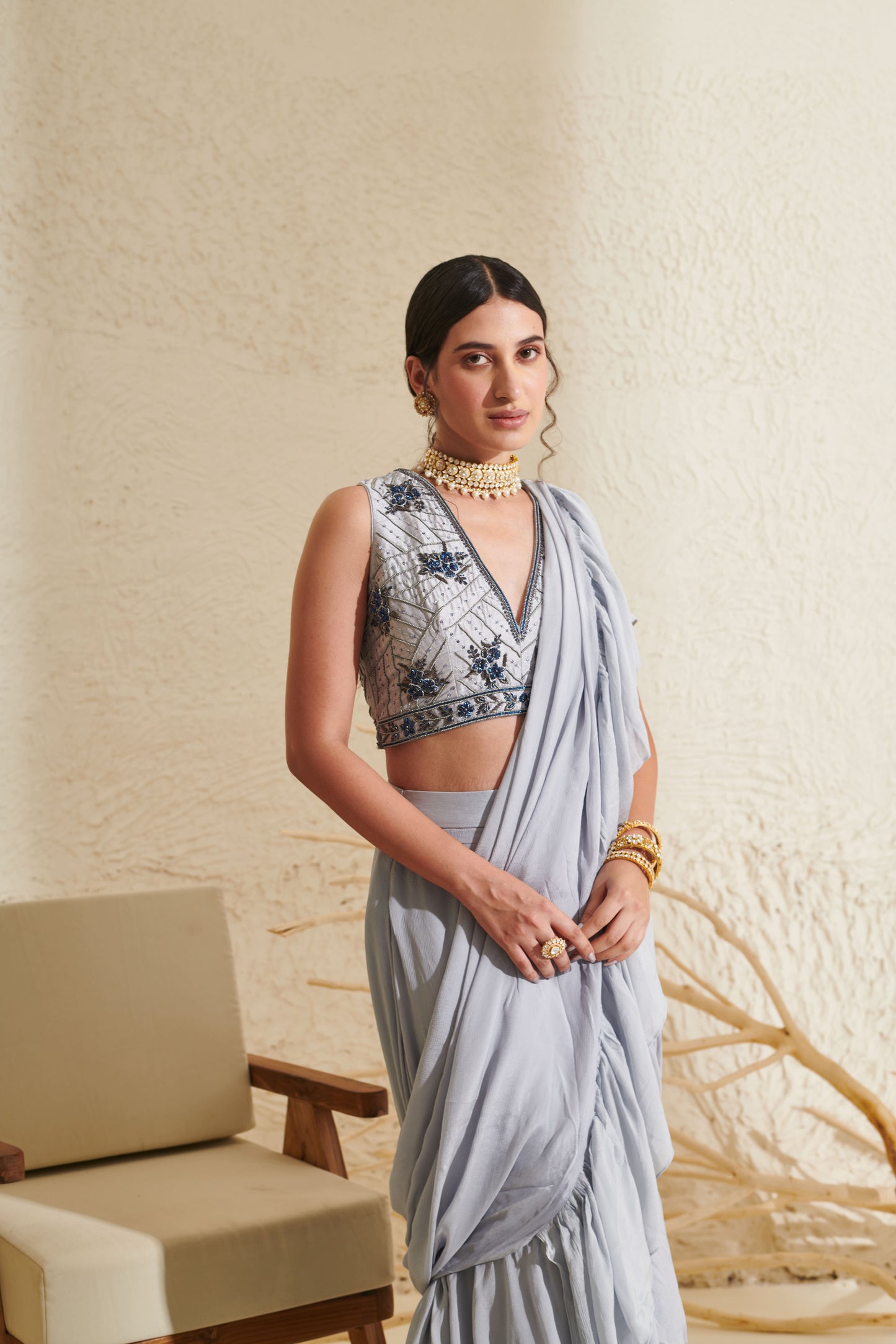 Aaria Grey Ruffle  Saree