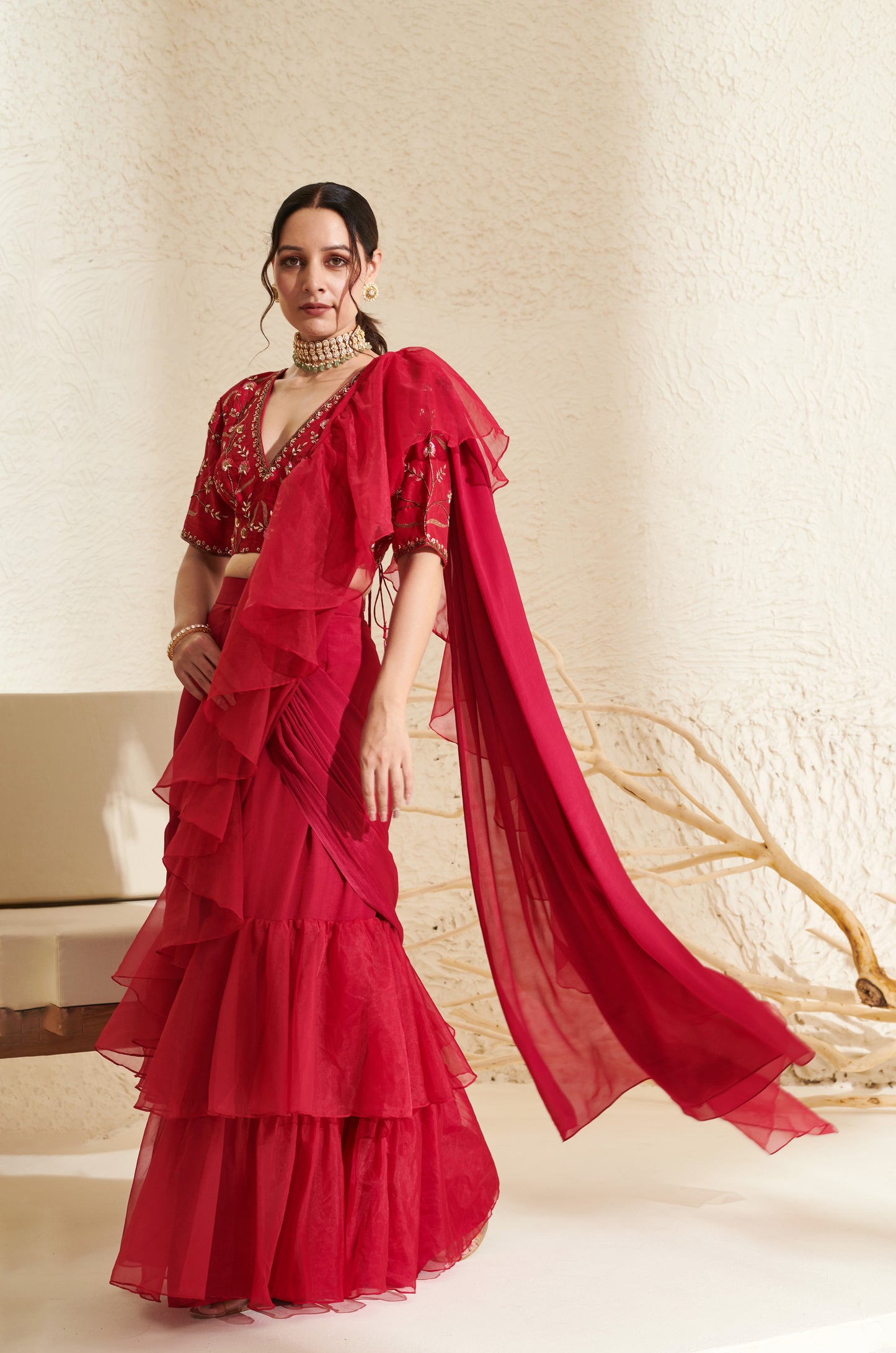 Layla Magenta Organza Ruffle  Saree