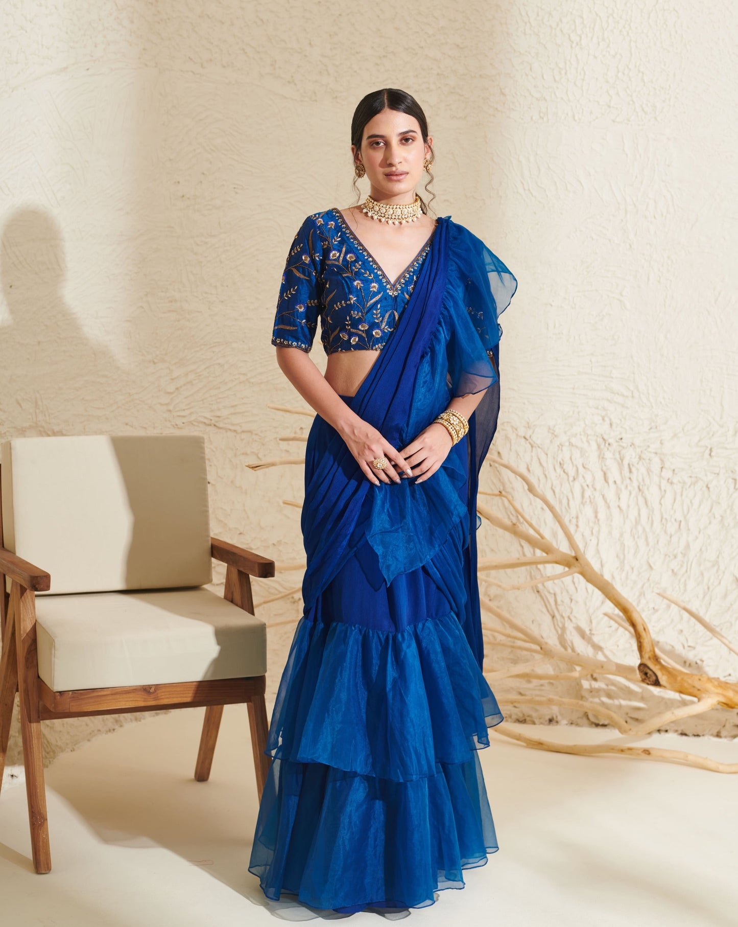 Layla Blue Organza Ruffle  Saree