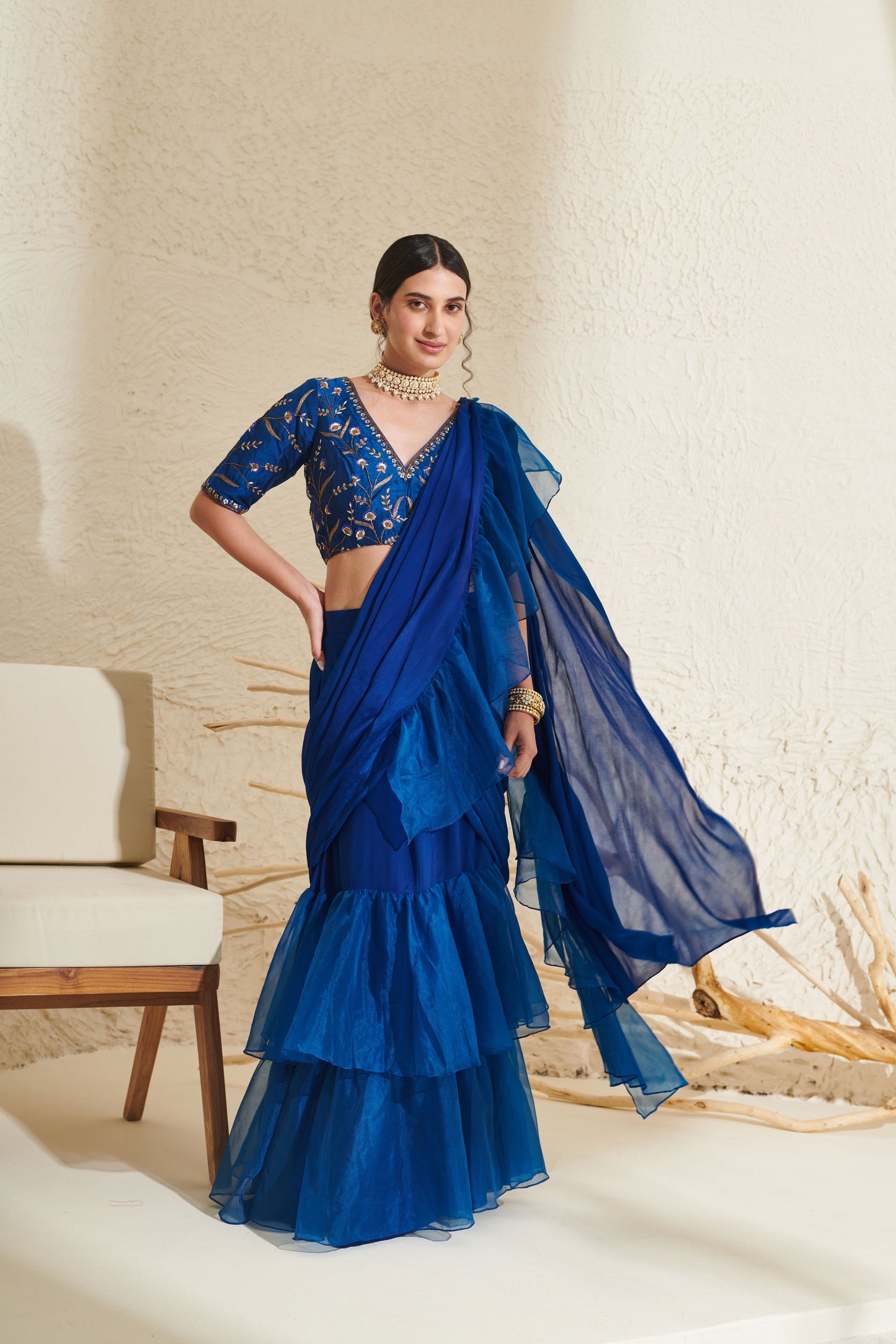 Layla Blue Organza Ruffle  Saree