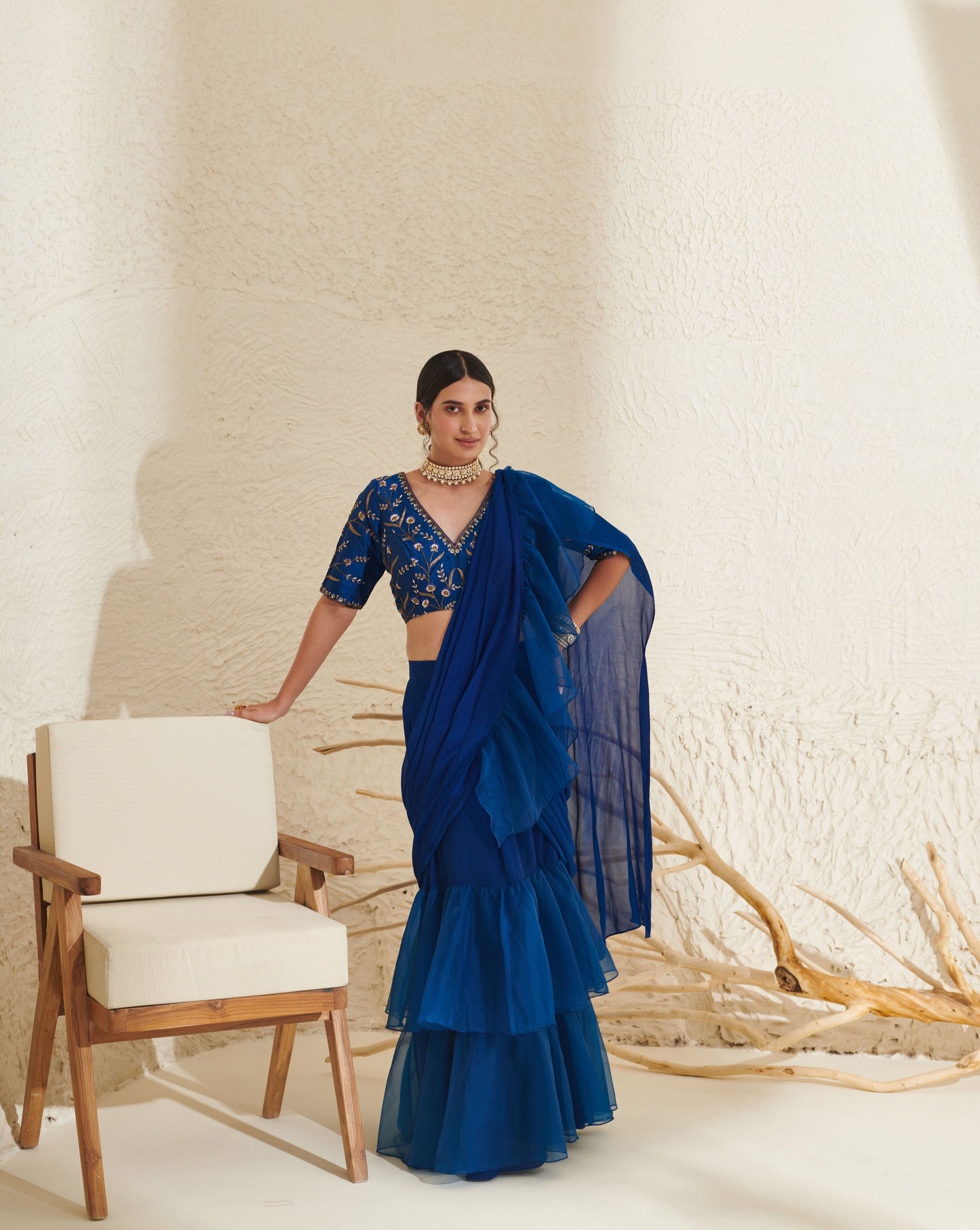 Layla Blue Organza Ruffle  Saree