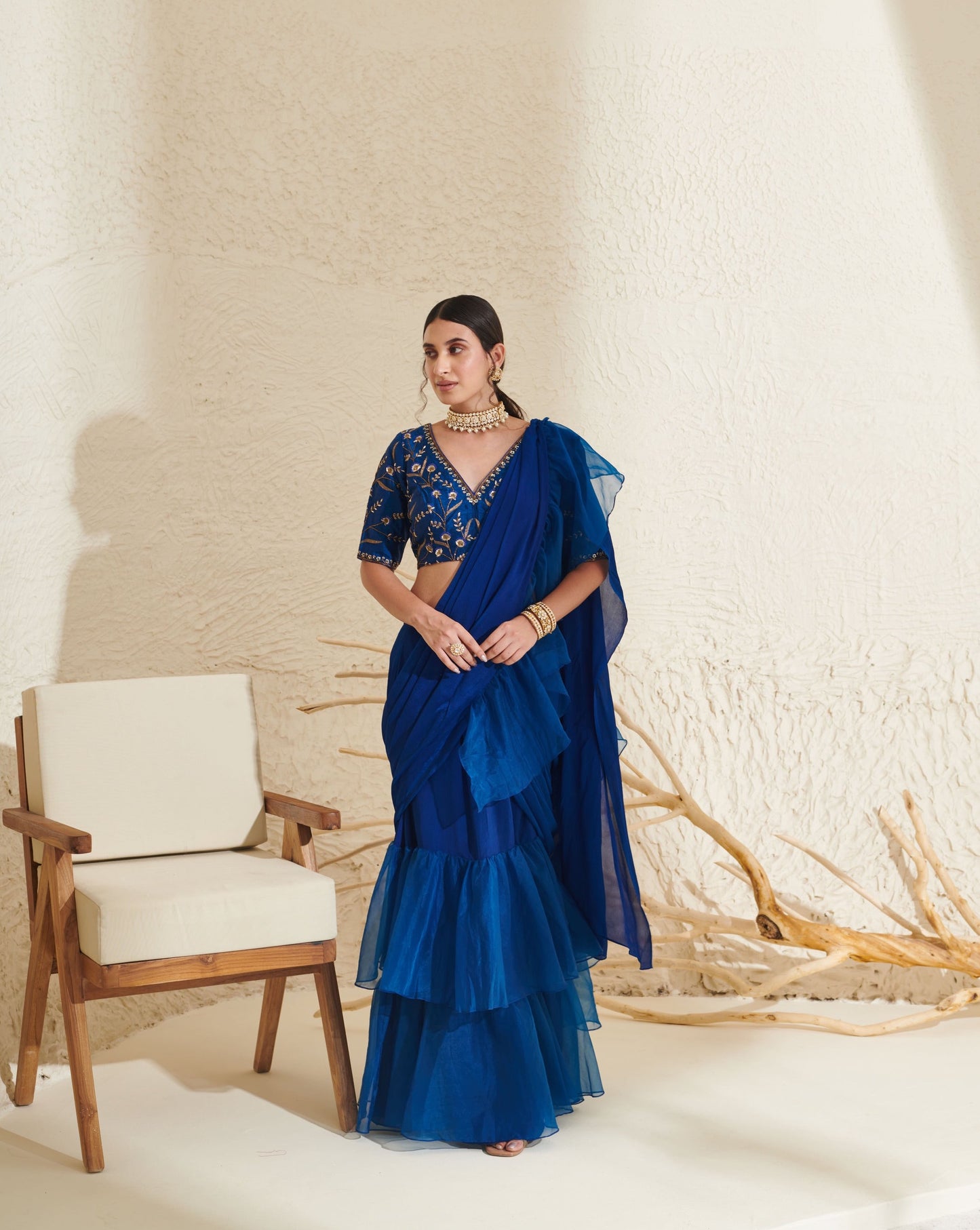 Layla Blue Organza Ruffle  Saree