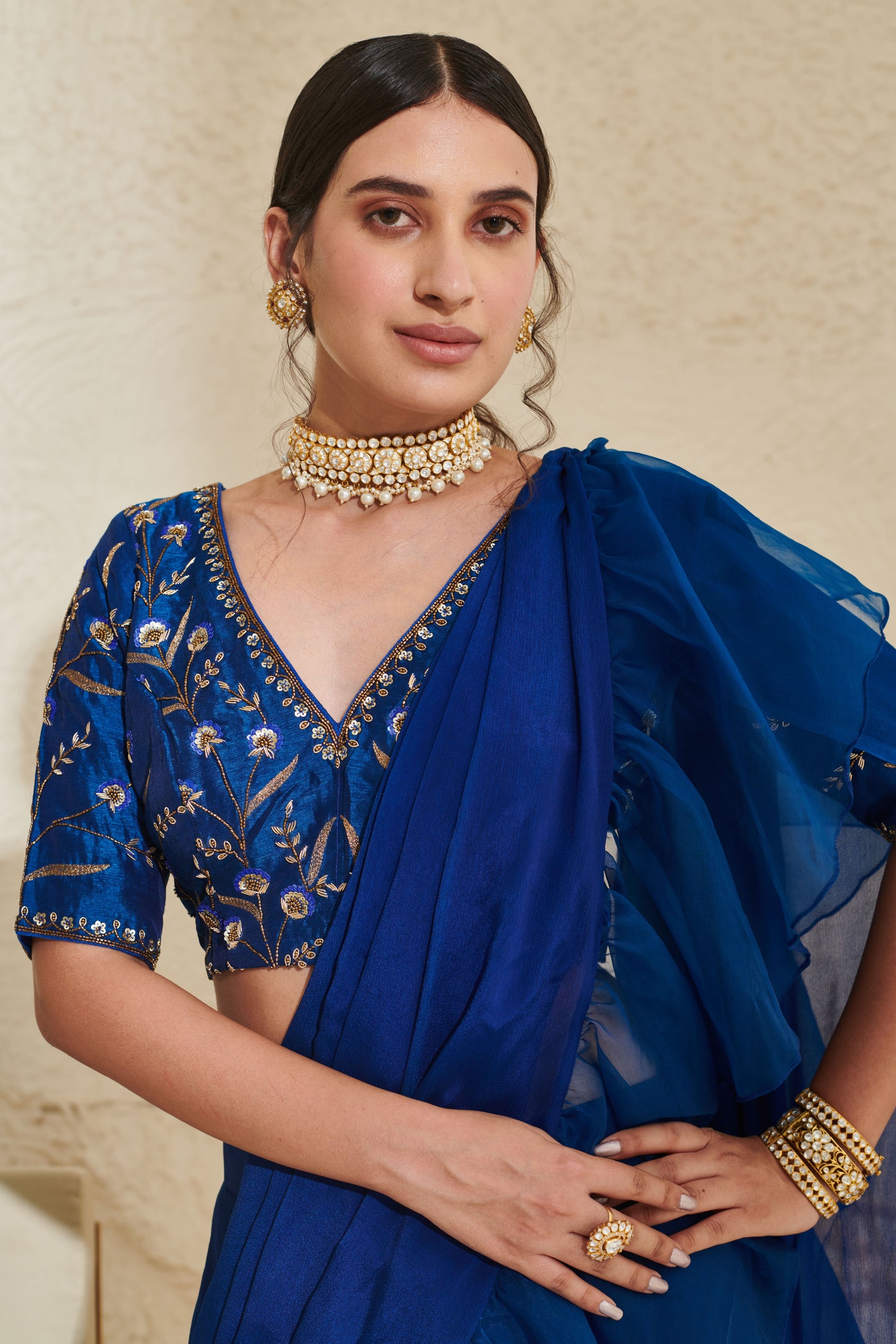 Layla Blue Organza Ruffle  Saree