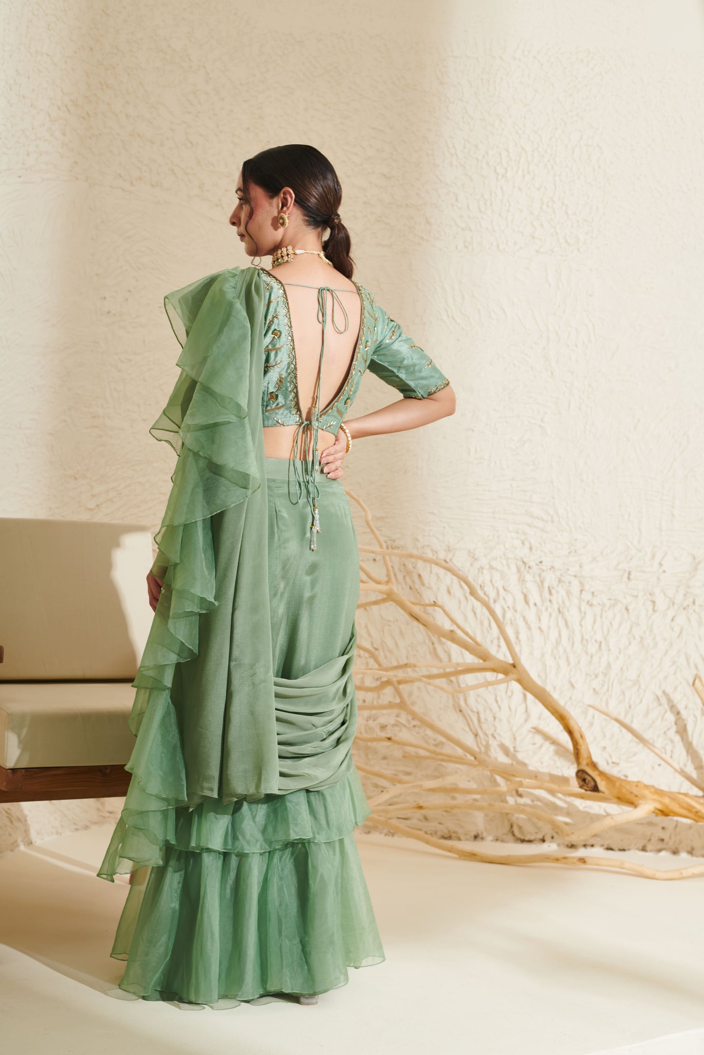 Layla Sage Organza Ruffle Saree