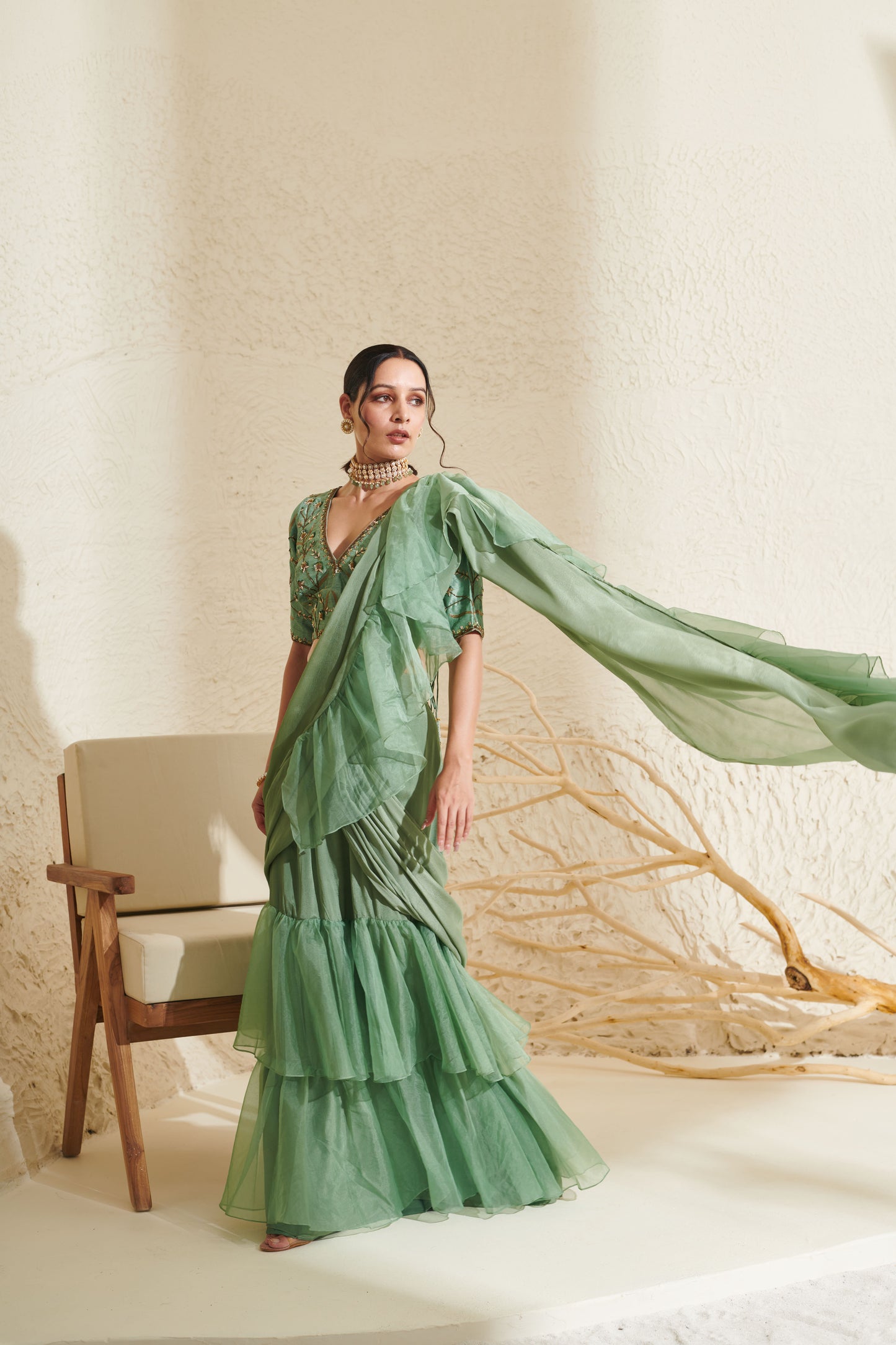 Layla Sage Organza Ruffle Saree