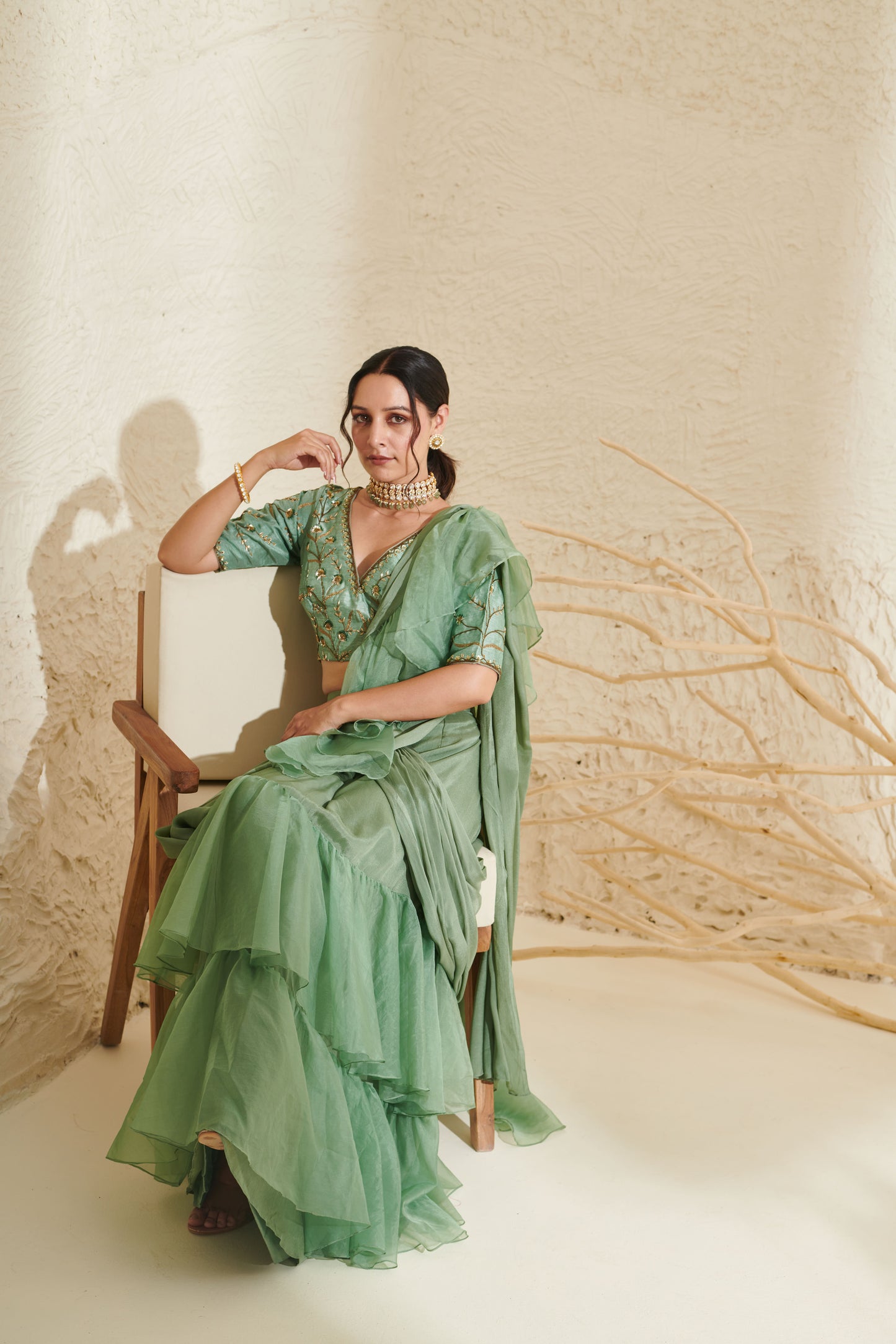 Layla Sage Organza Ruffle Saree