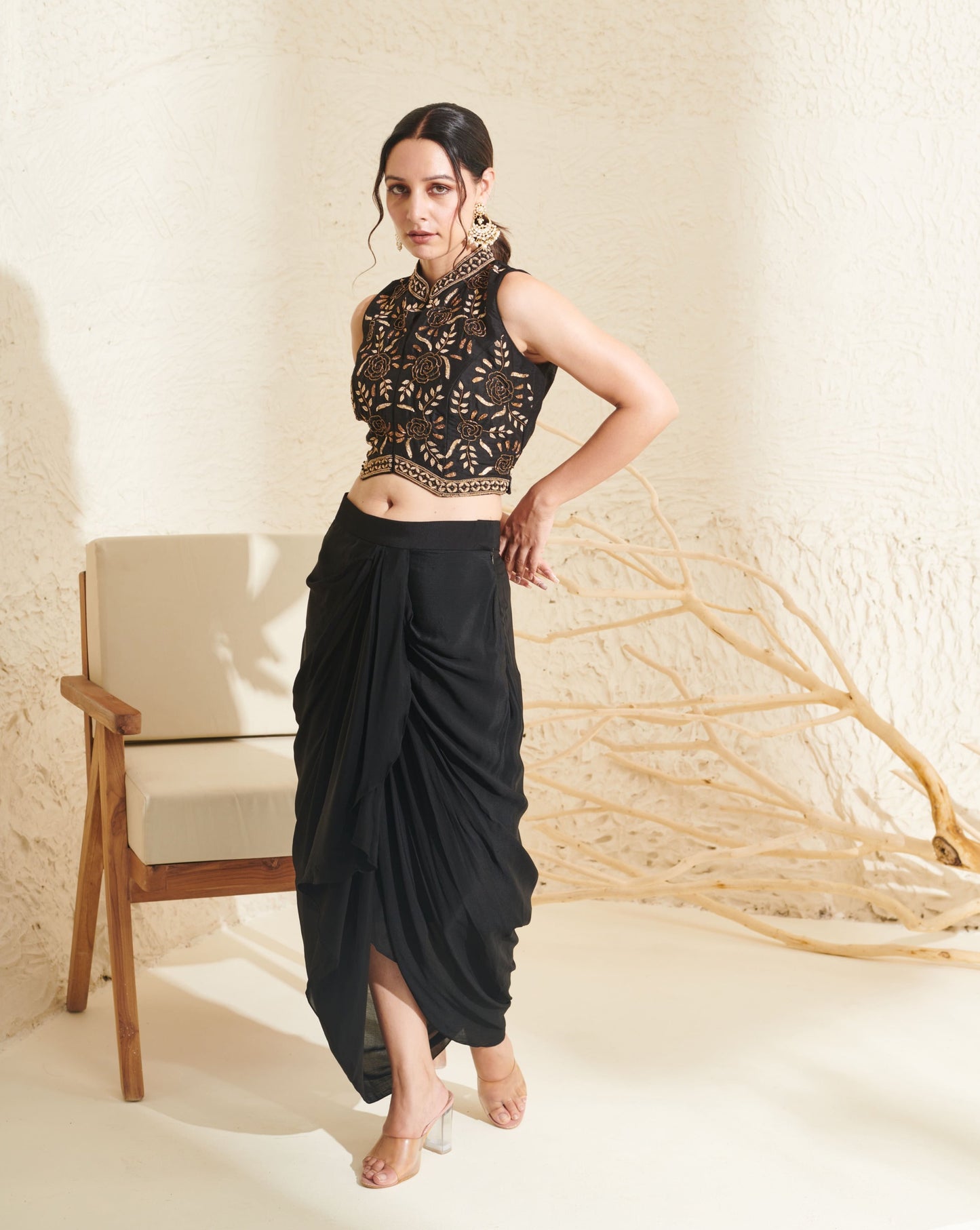 Esha Black Drape Skirt Set