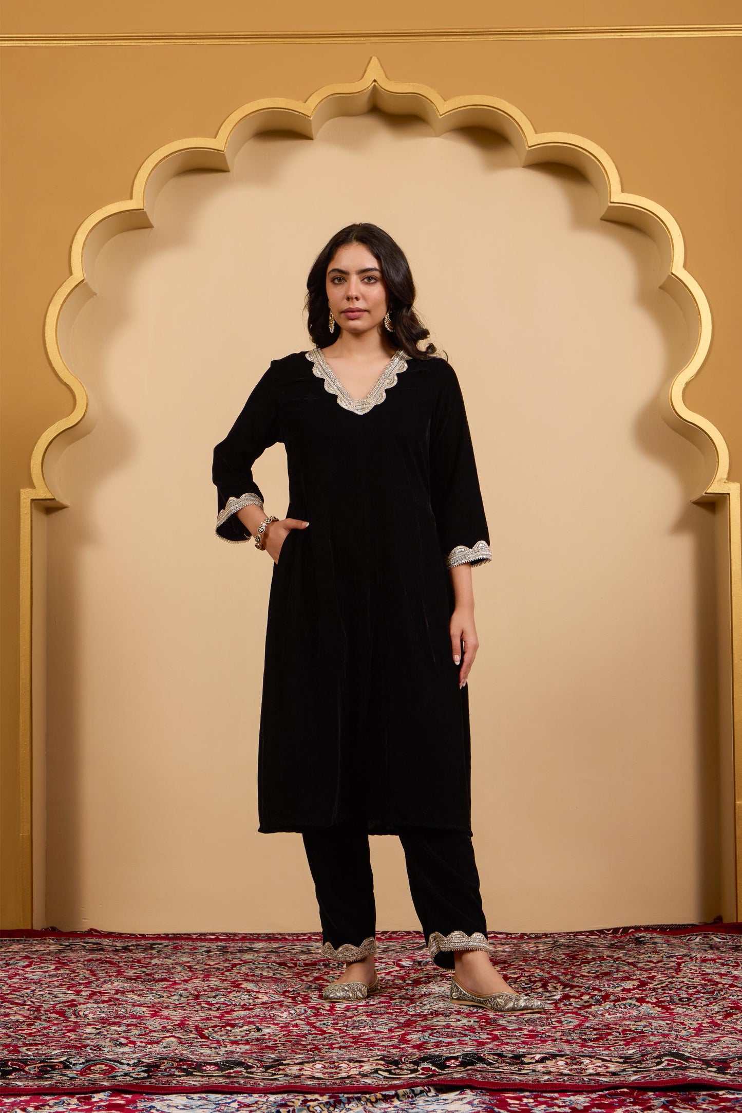 Black A-Line Velvet Kurta