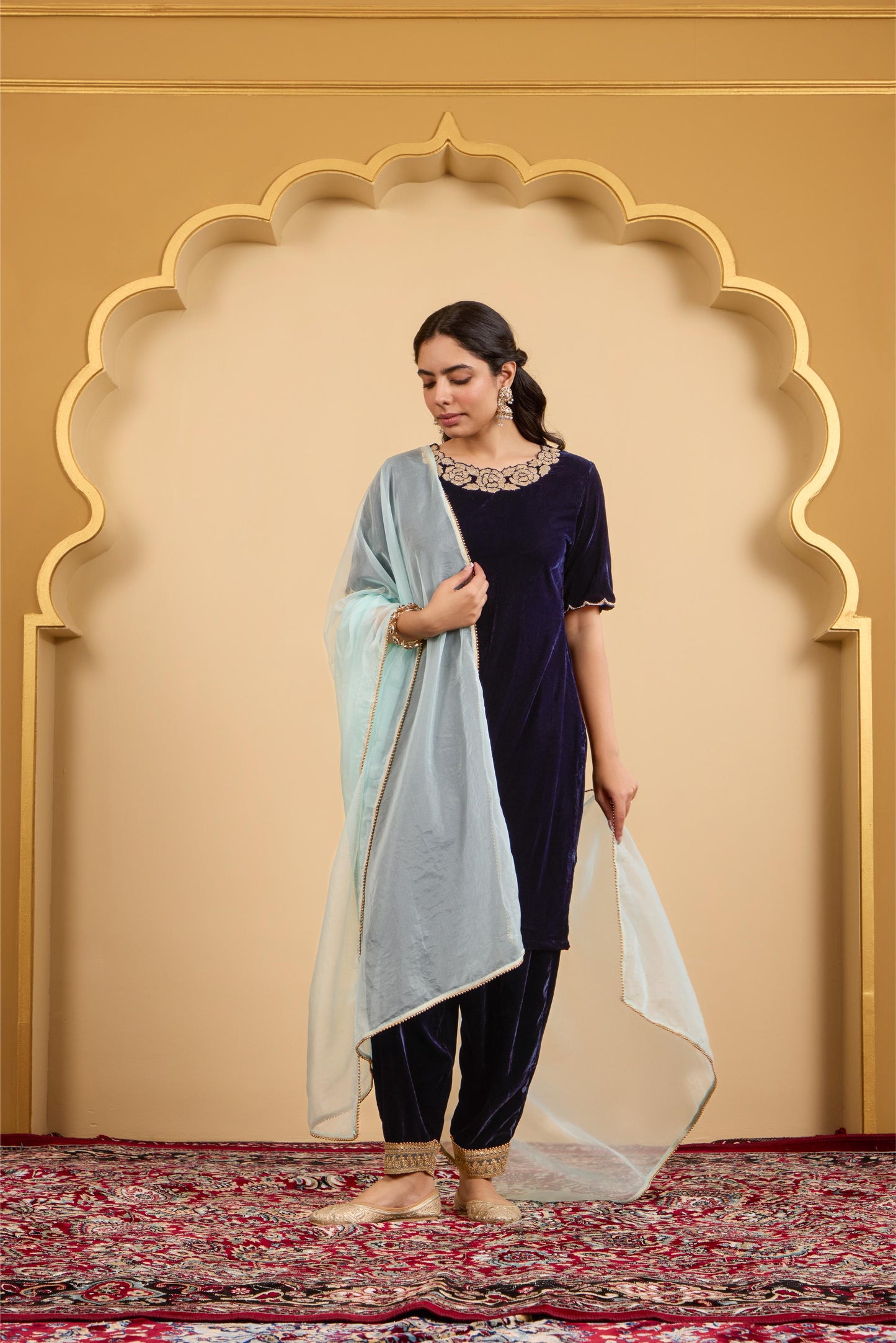 Navy Blue Rose Kurta Set