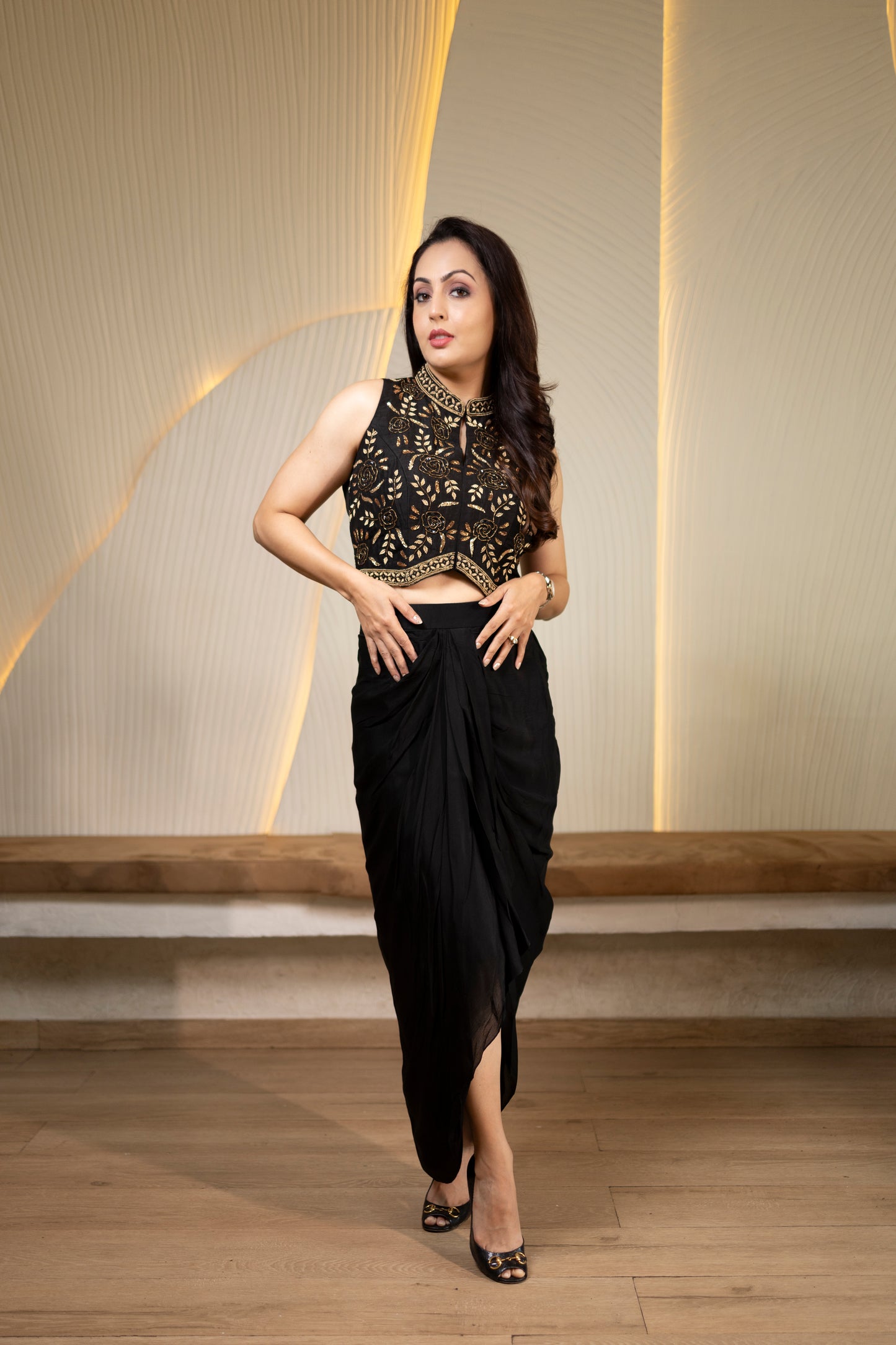 Esha Black Drape Skirt Set