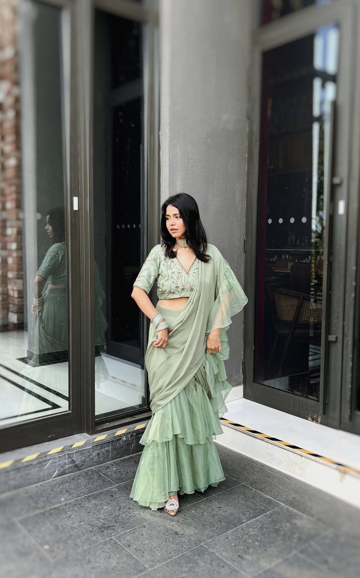 Layla Sage Organza Ruffle Saree