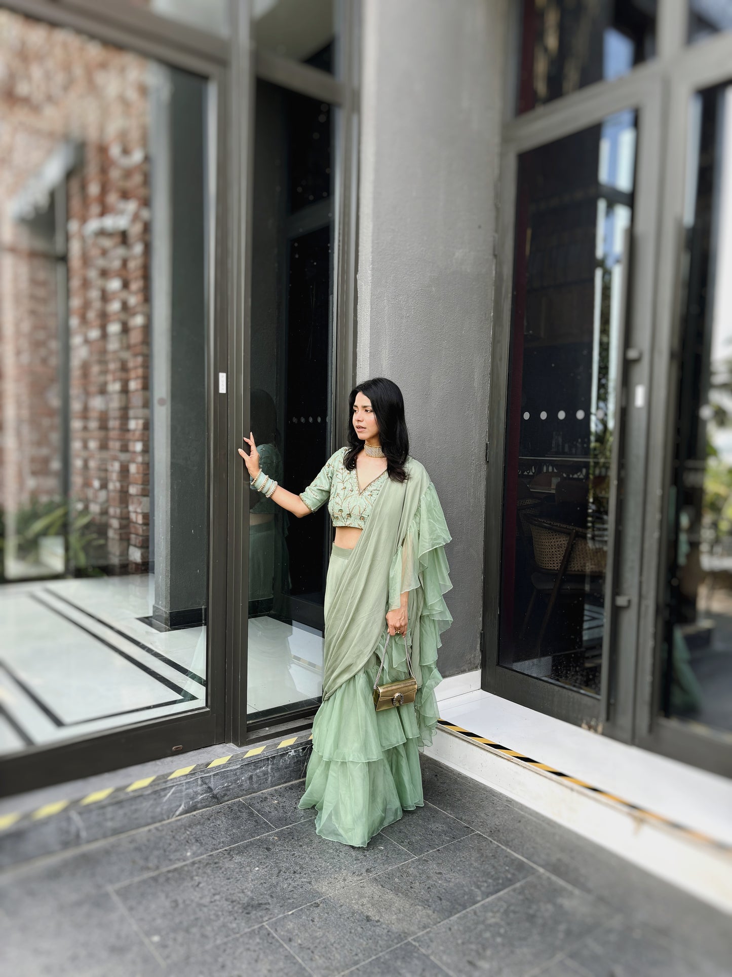 Layla Sage Organza Ruffle Saree