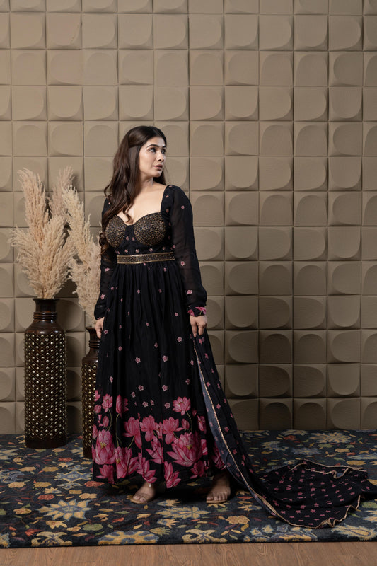 Midnight Embroidered Corset With Anarkali