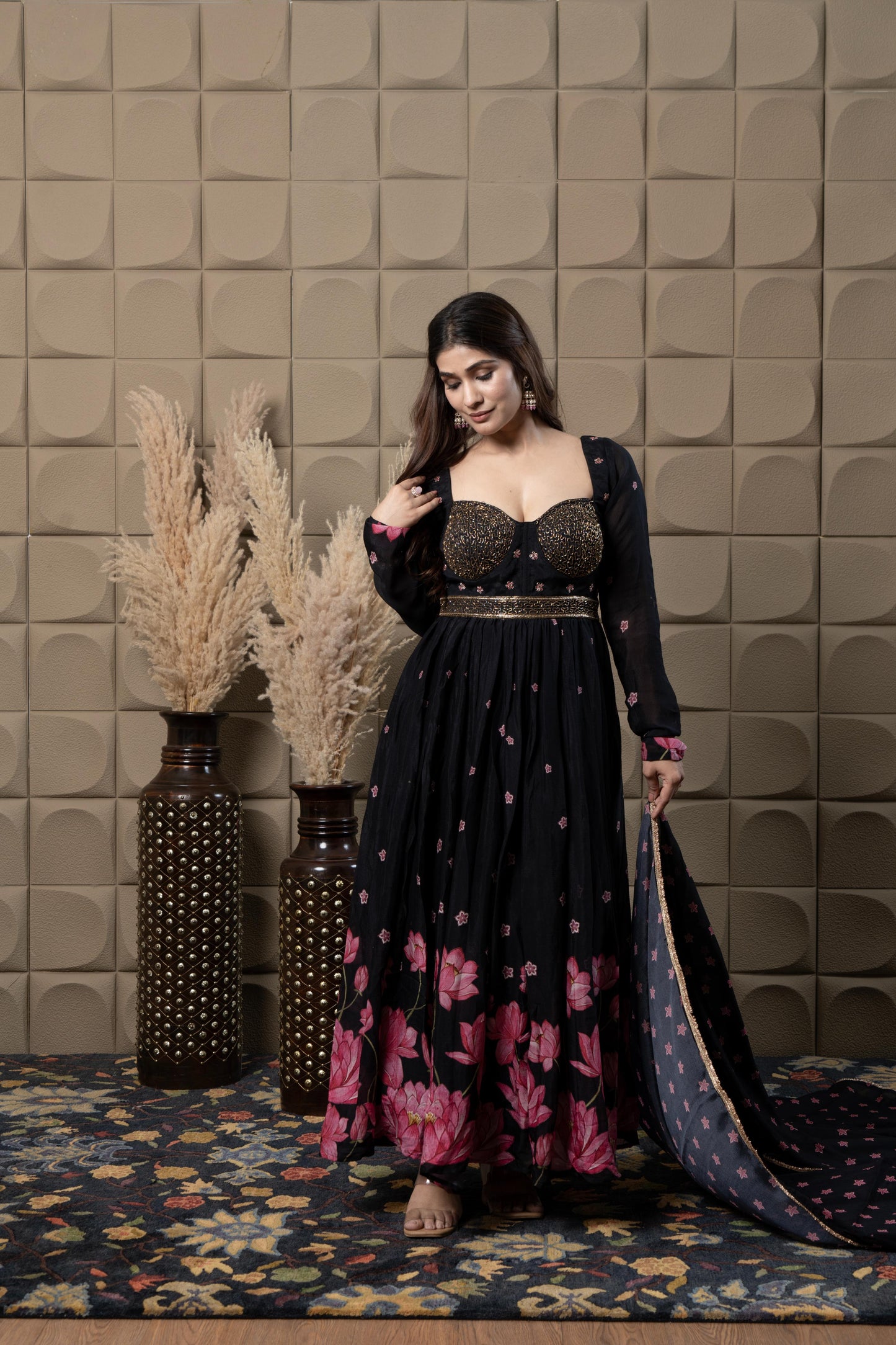 Midnight Embroidered Corset With Anarkali