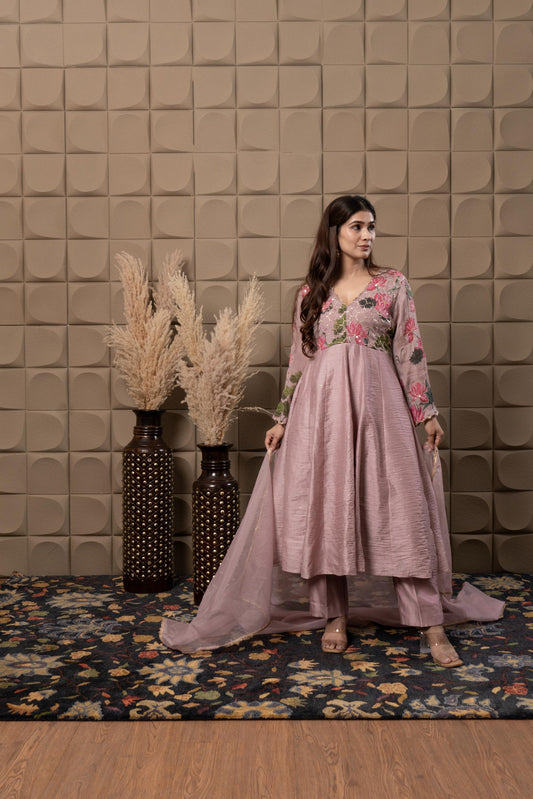 Blush Printed Anarkali With Hand Embroidery