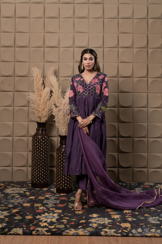 Plum Printed Anarkali With Hand Embroidery