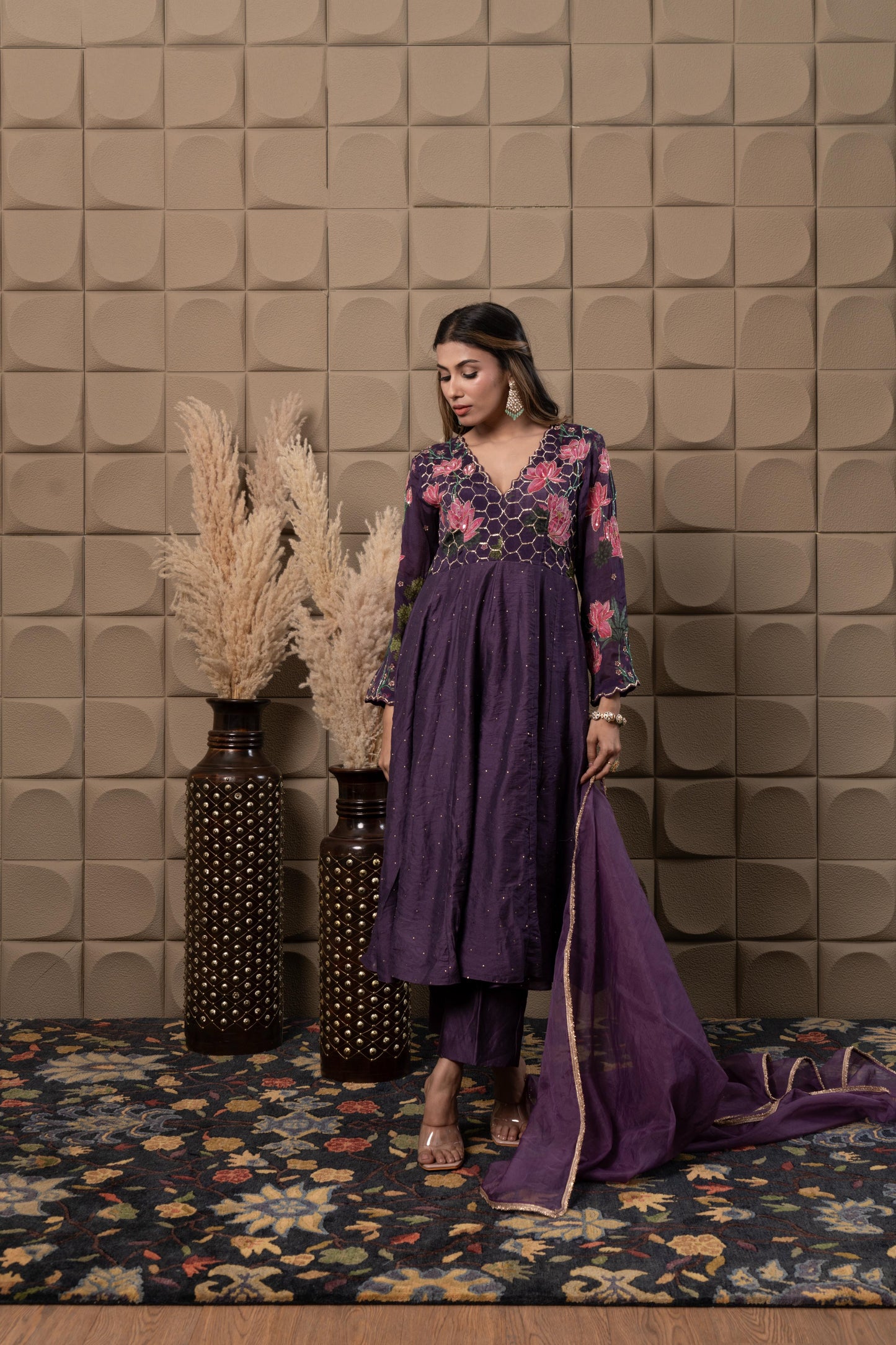 Plum Printed Anarkali With Hand Embroidery